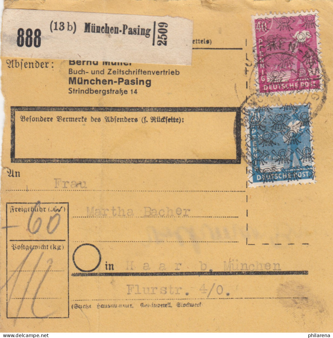 BiZone Paketkarte 1948: München-Pasing Nach Haar, Selbstbucher - Covers & Documents