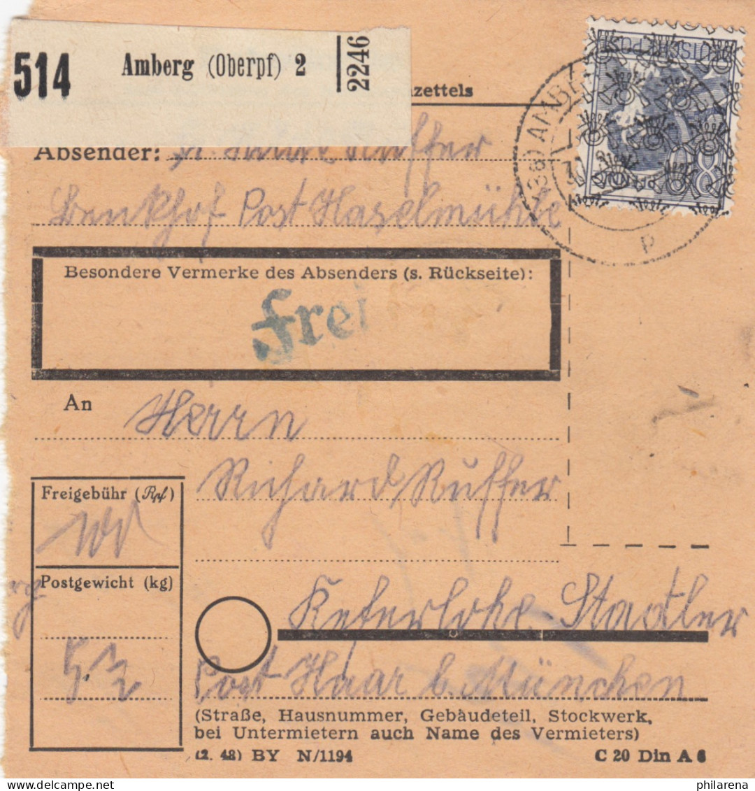 BiZone Paketkarte 1948: Post Haselmühle über Amberg Nach Keferlohe - Brieven En Documenten