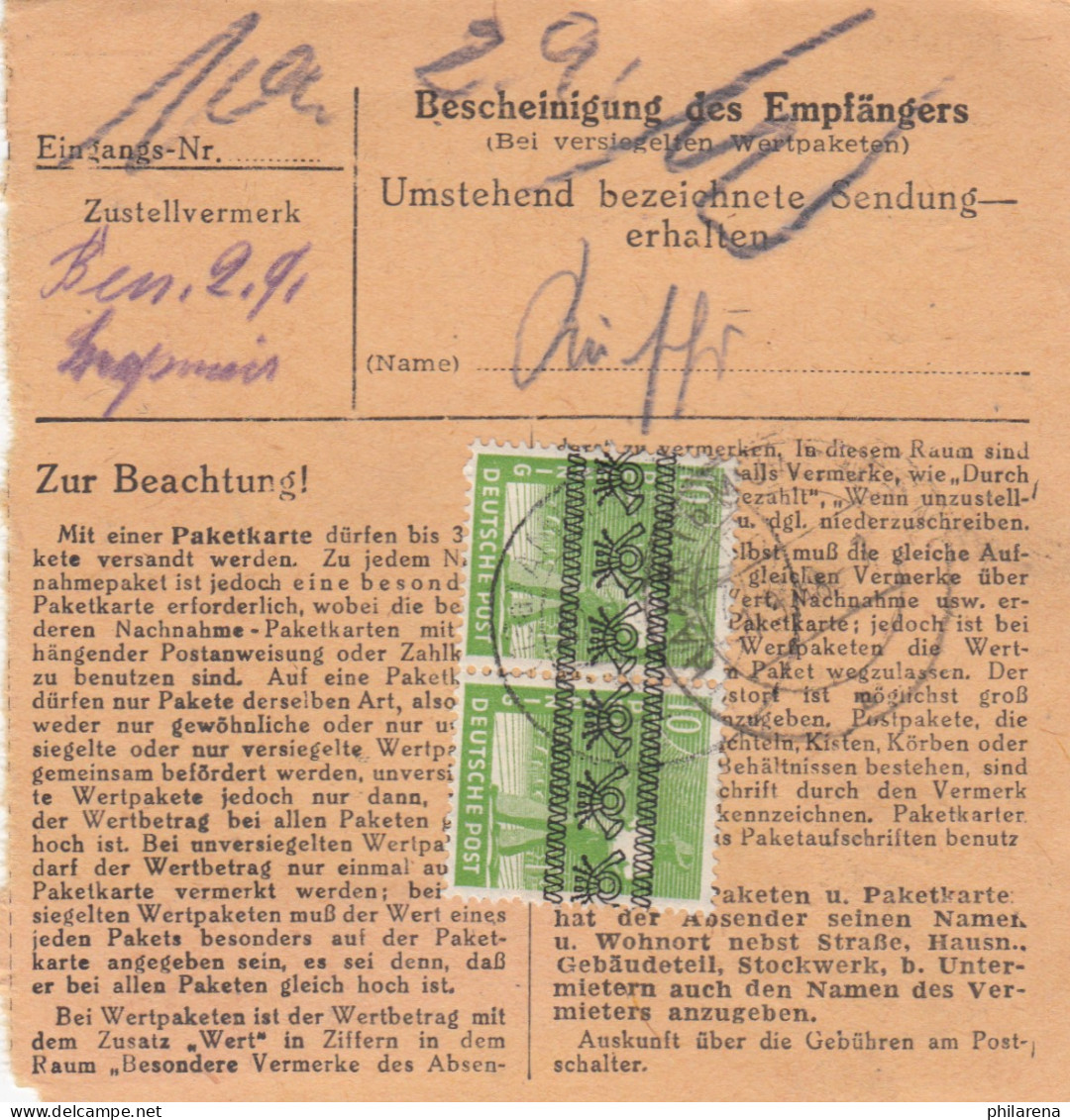 BiZone Paketkarte 1948: Post Haselmühle über Amberg Nach Keferlohe - Lettres & Documents