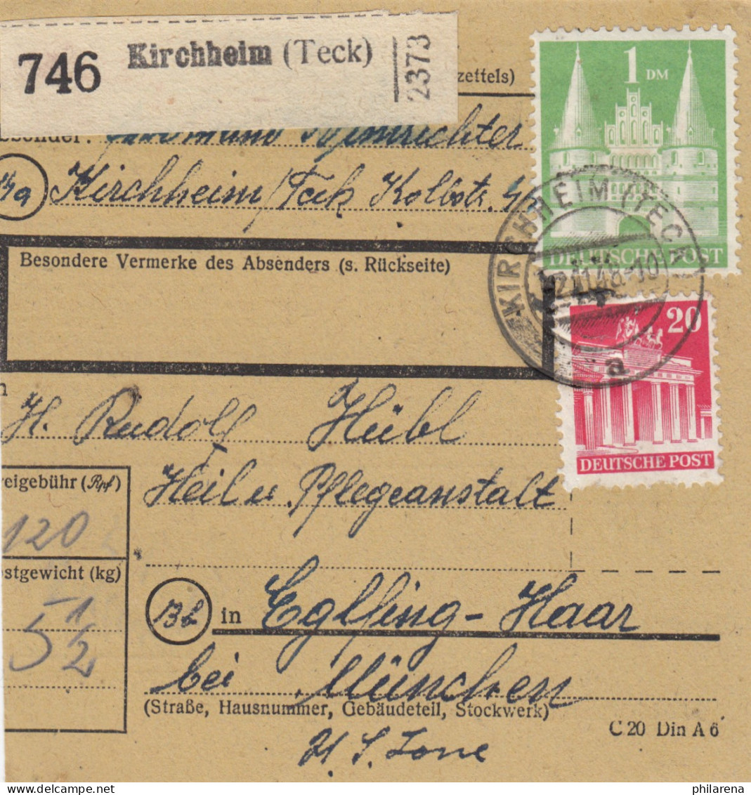 BiZone Paketkarte 1948: Kirchheim Teck Nach Eglfing-Haar, Heilanstalt - Cartas & Documentos