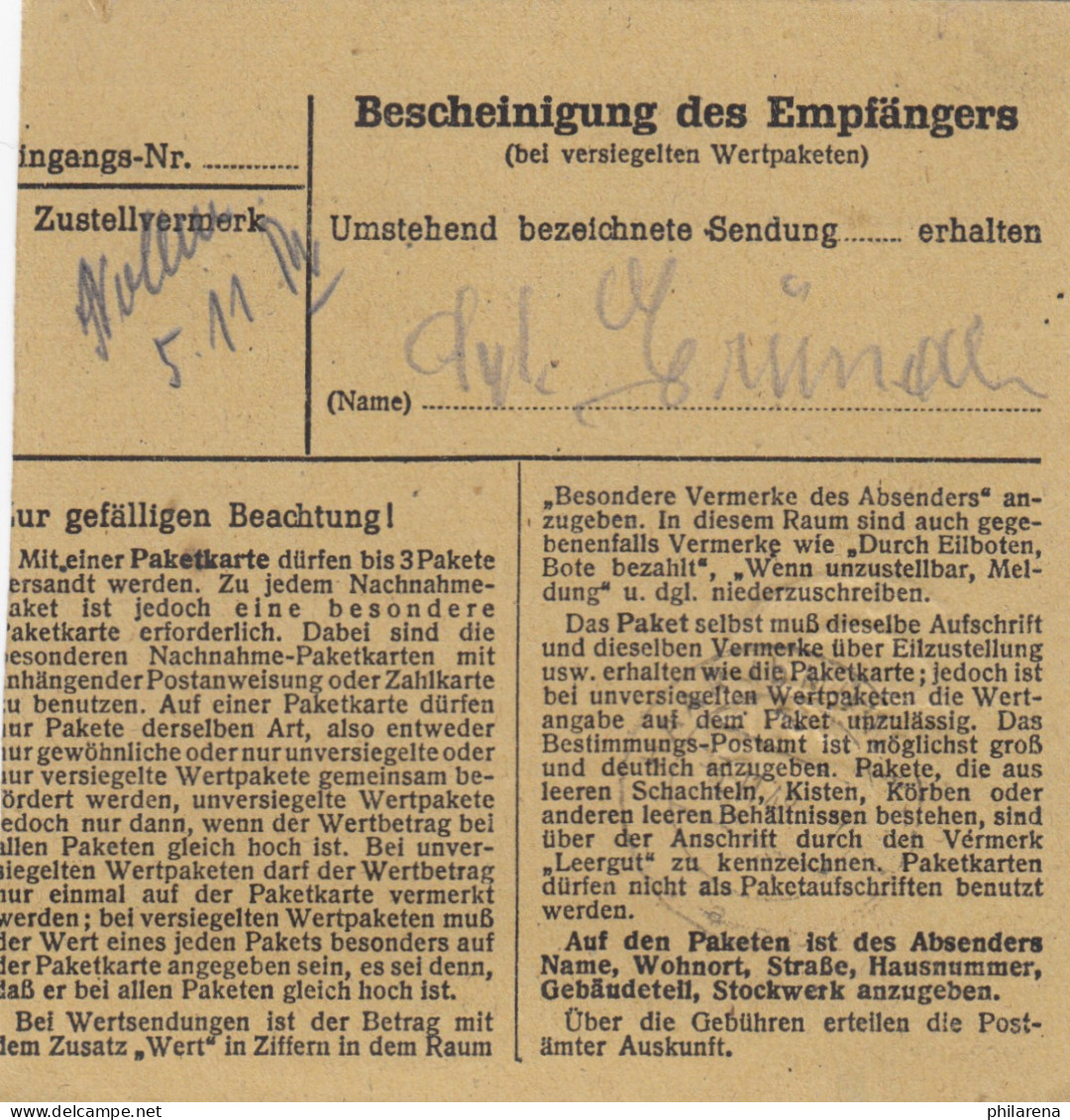BiZone Paketkarte 1948: Kirchheim Teck Nach Eglfing-Haar, Heilanstalt - Lettres & Documents