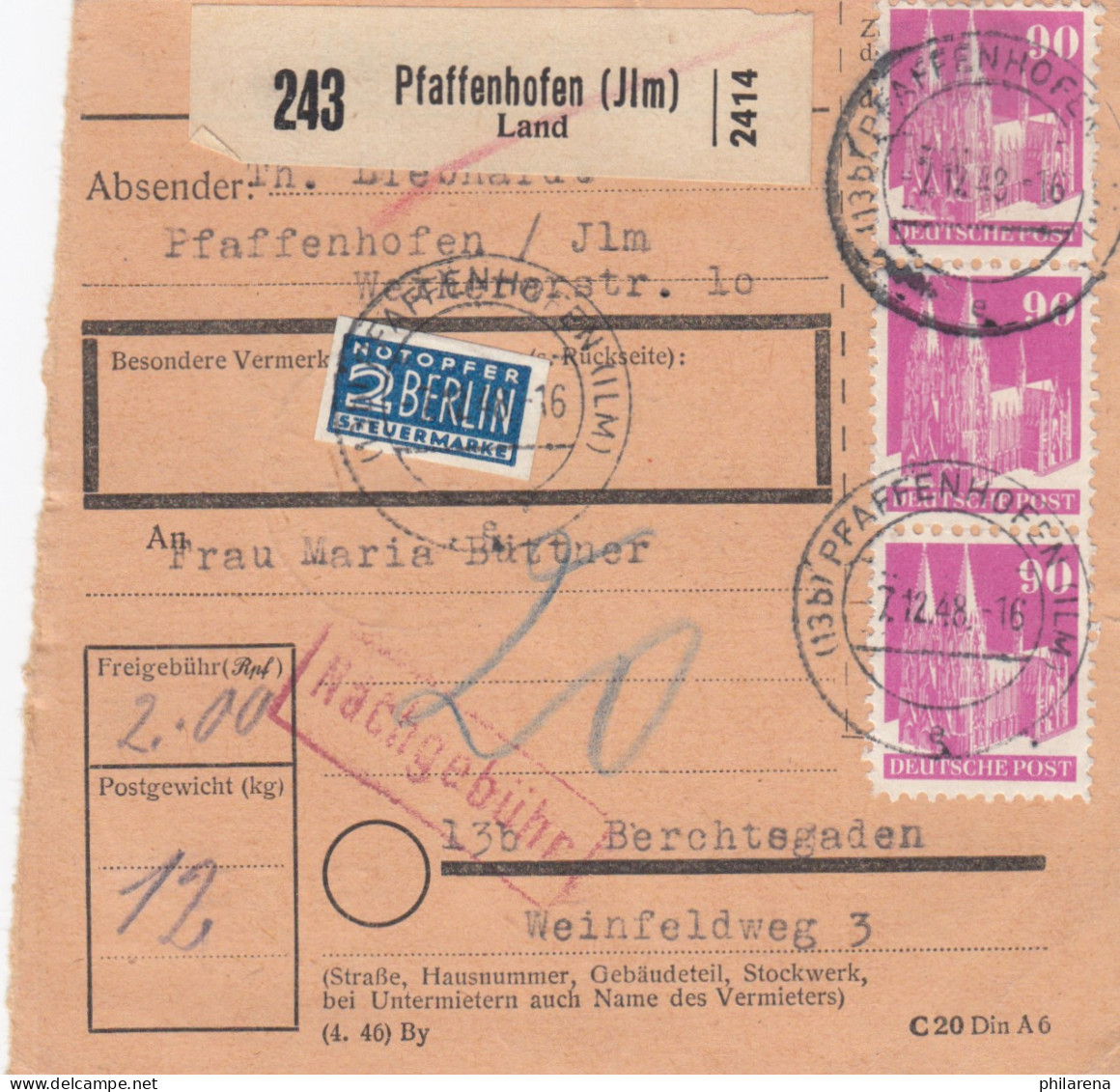 BiZone Paketkarte 1948: Pfaffenhofen N. Berchtesgaden, Notopfer, Nachgebühr - Lettres & Documents