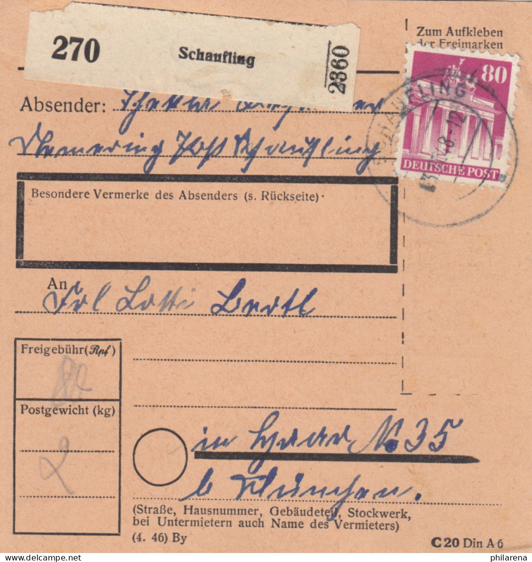 BiZone Paketkarte 1948: Thanning Post Schaufling Nach Haar - Lettres & Documents
