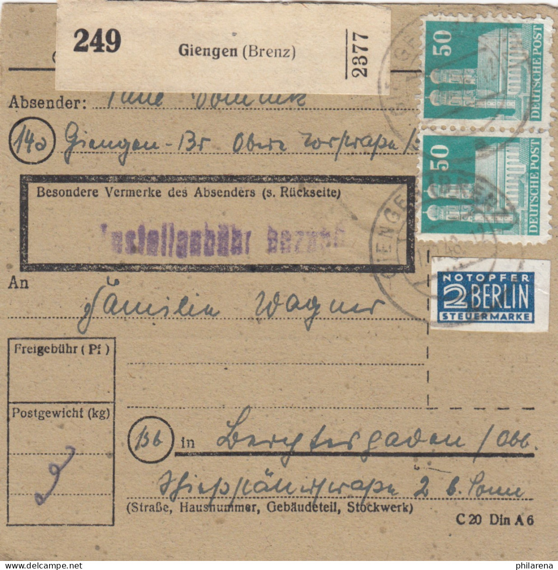 BiZone Paketkarte 1948: Giengen Nach Berchtesgaden, Notopfer - Cartas & Documentos