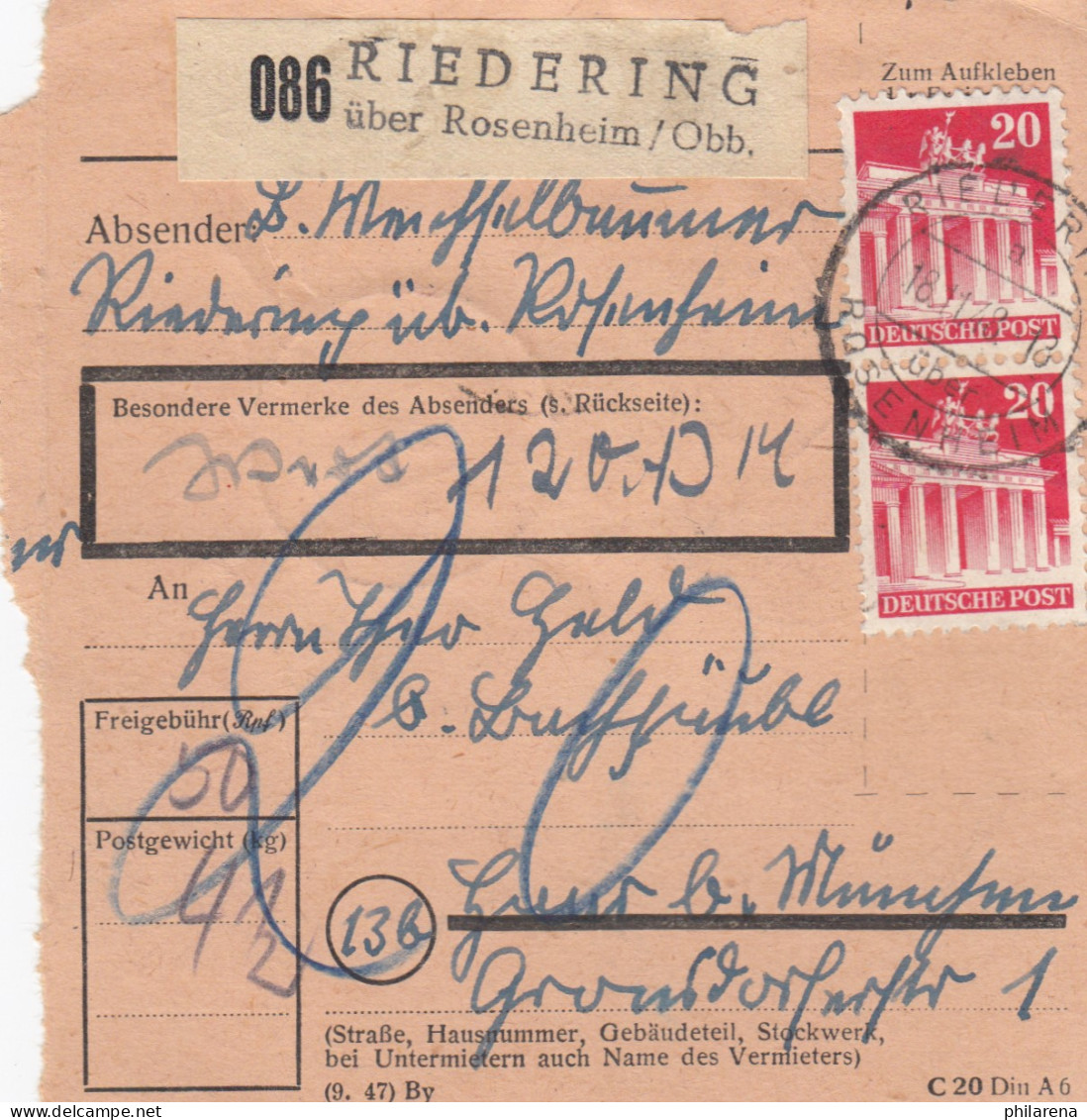 BiZone Paketkarte 1948: Riedering Nach Haar, Nachgebühr, Wertkarte - Brieven En Documenten