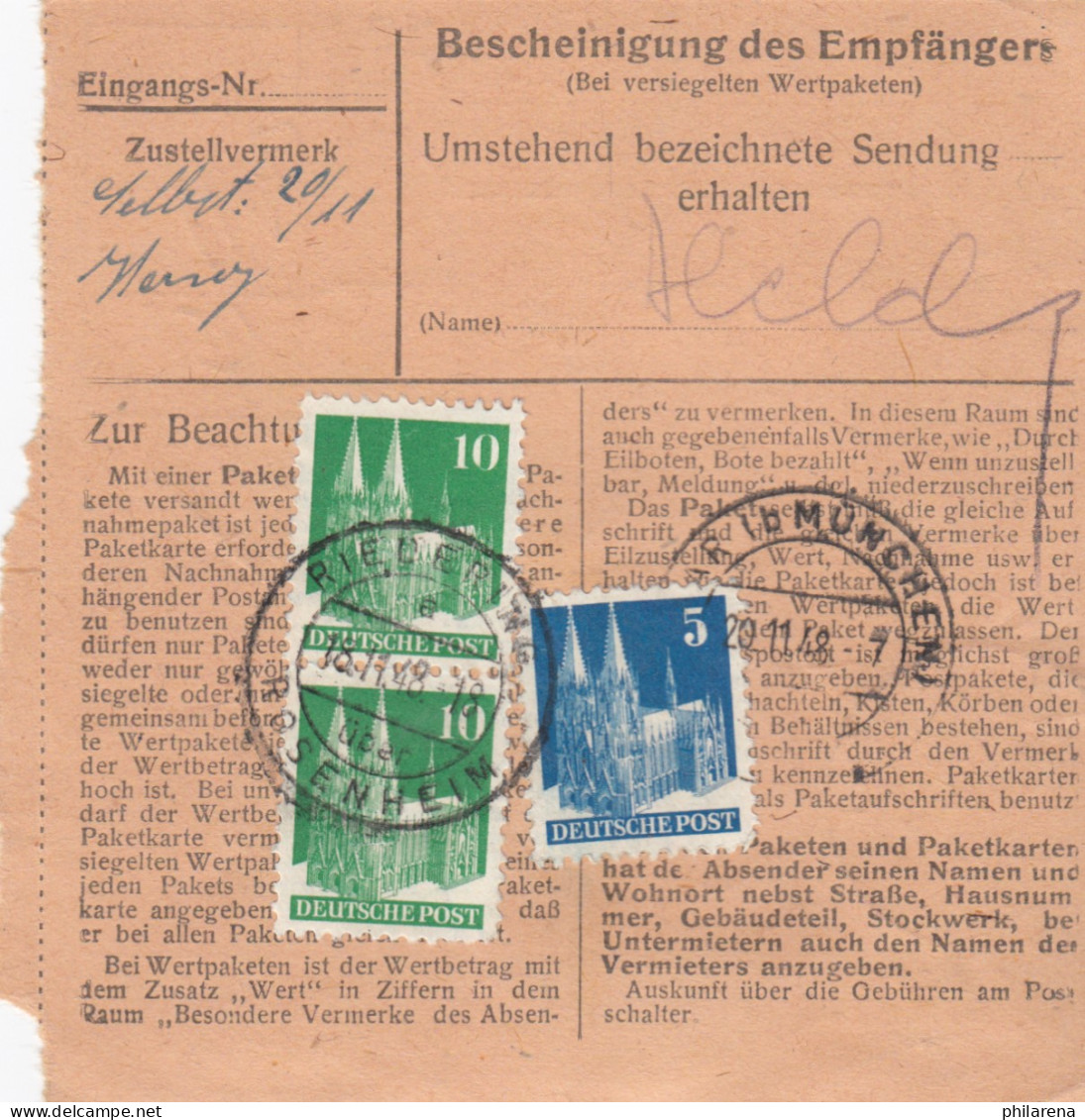 BiZone Paketkarte 1948: Riedering Nach Haar, Nachgebühr, Wertkarte - Brieven En Documenten