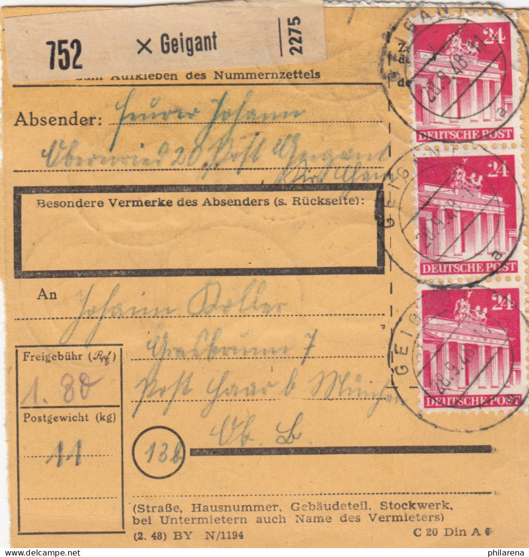 BiZone Paketkarte 1948: Geigant Nach Post Haar - Briefe U. Dokumente