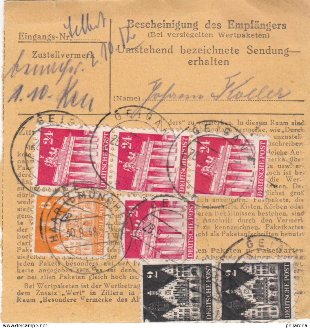 BiZone Paketkarte 1948: Geigant Nach Post Haar - Briefe U. Dokumente