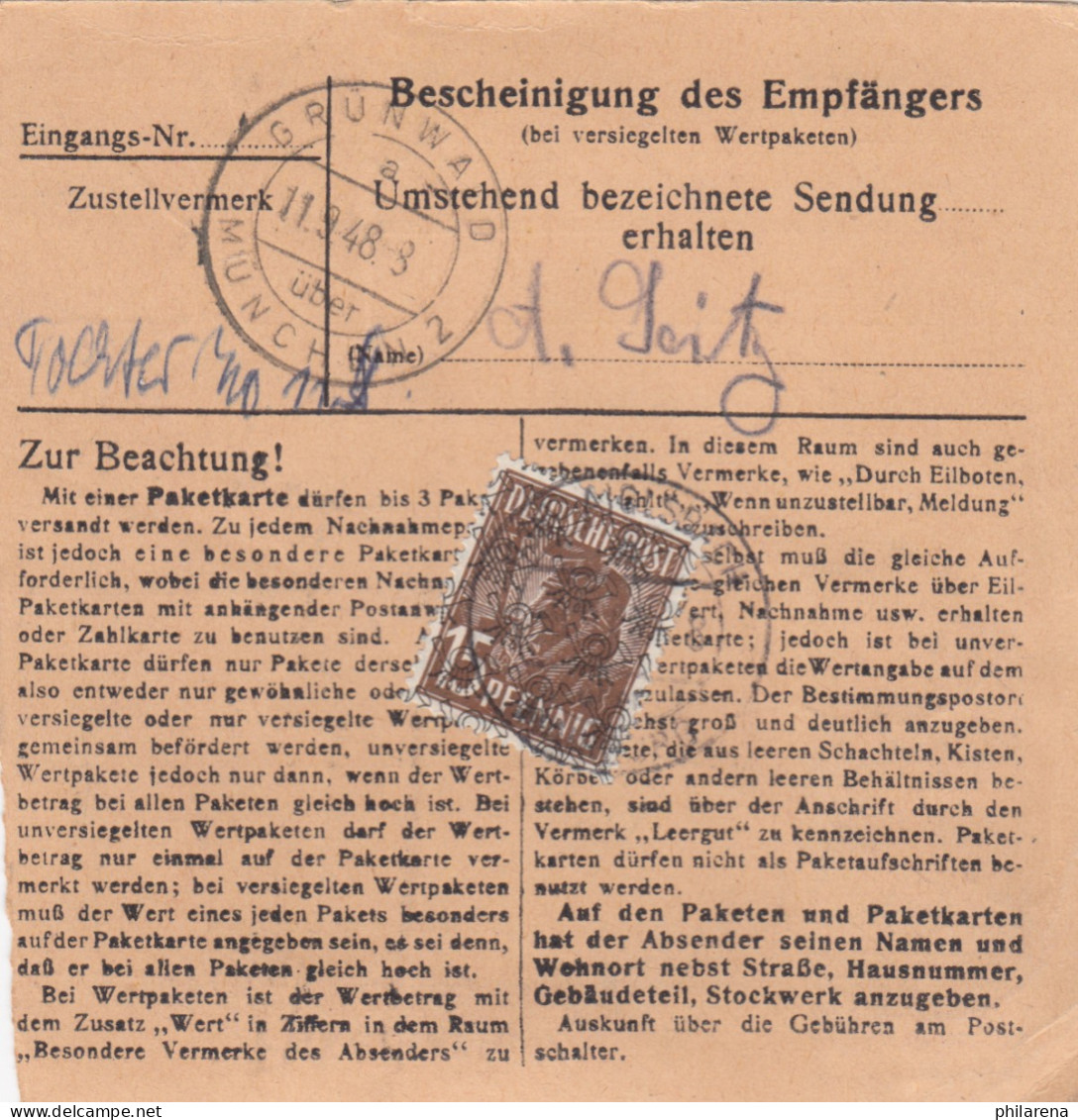 BiZone Paketkarte 1948: Aiglsbach Nach Neugrünwald Bei München - Lettres & Documents