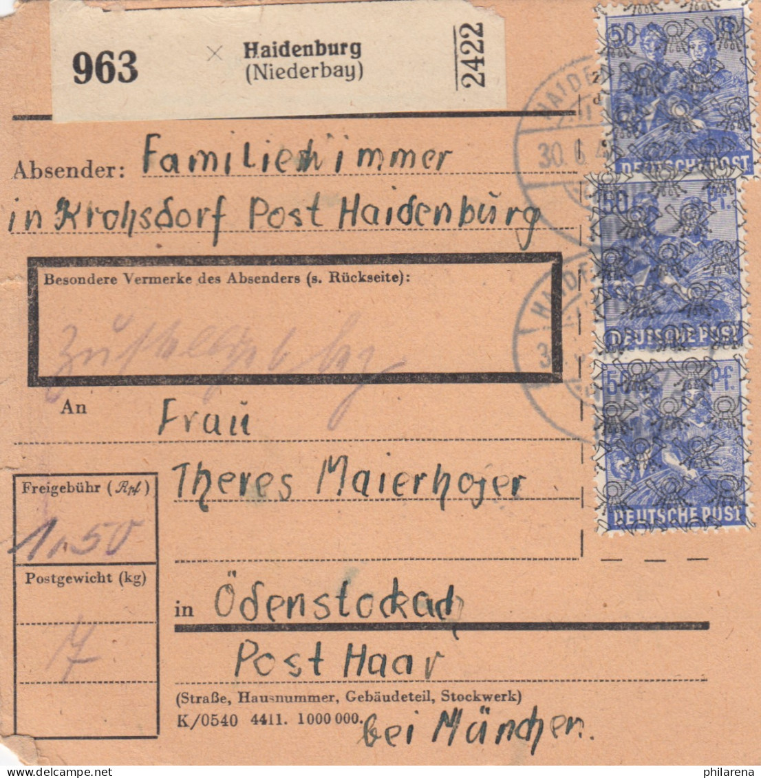 BiZone Paketkarte 1948: Krohsdorf Post Haidenburg Nach Ödenstockach - Briefe U. Dokumente