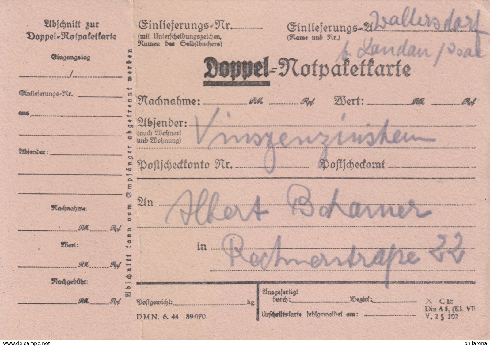 BiZone Paketkarte: Wallersdorf B. Landau, Doppel-Notpaketkarte - Lettres & Documents
