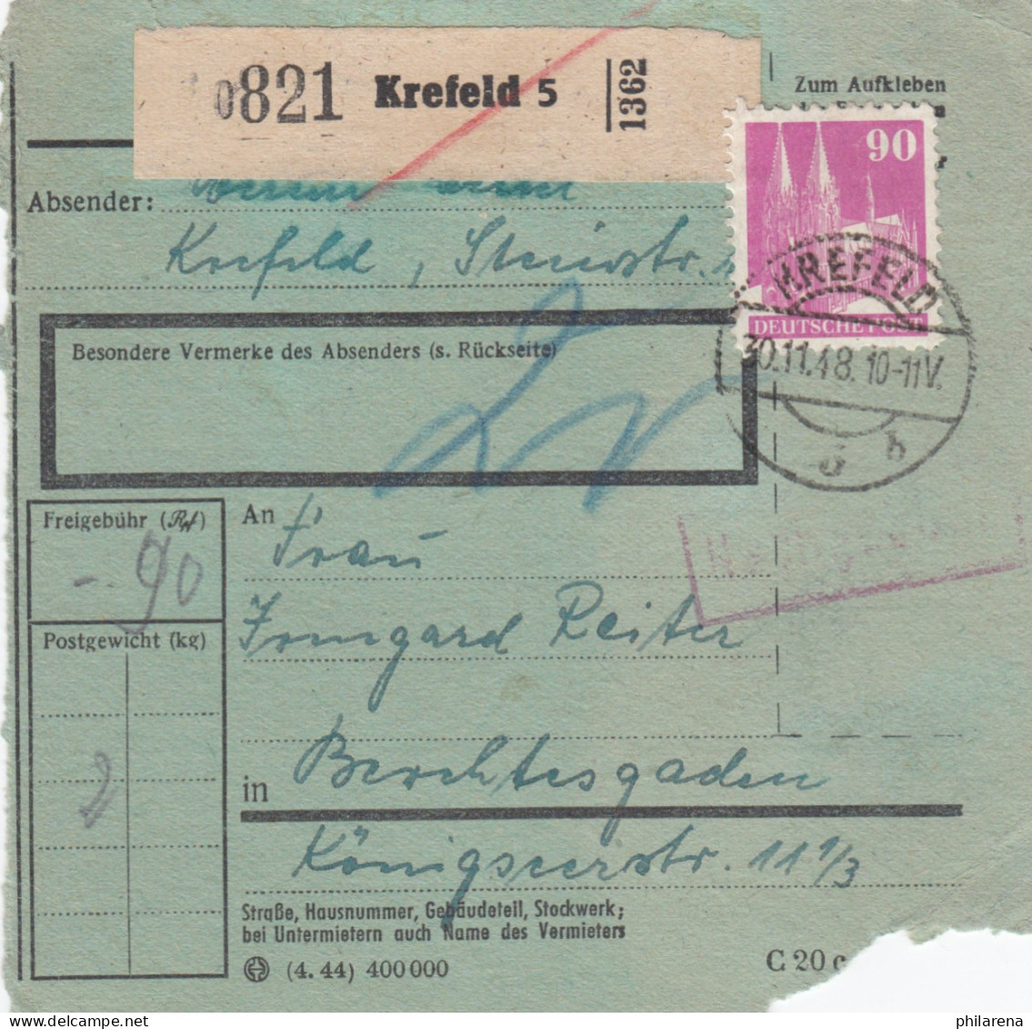 BiZone Paketkarte 1948: Krefeld Nach Berchtesgaden, Nachgebühr, Besonderes Form. - Cartas & Documentos