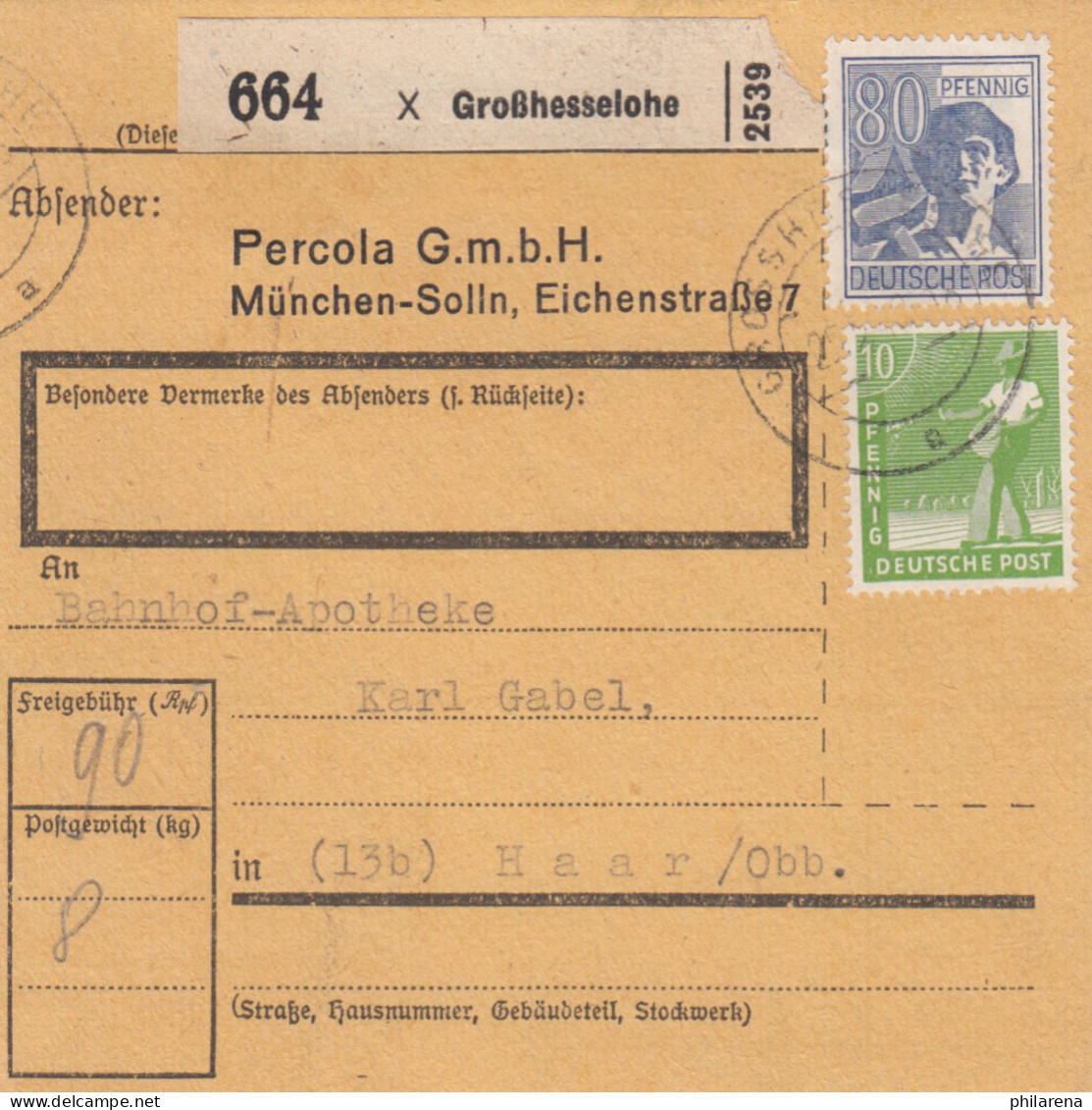 BiZone Paketkarte 1948: Großhesselohe Nach Haar, Selbstbucher, Bahnhof-Apotheke - Lettres & Documents