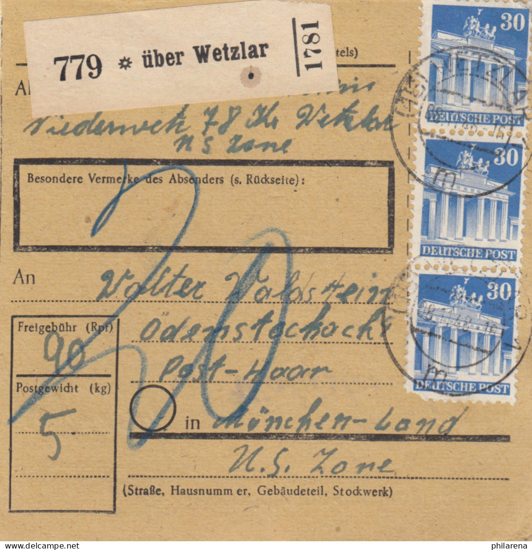 BiZone Paketkarte 1948: Niederwerk/Wetzlar Nach München-Land, Nachgebühr - Briefe U. Dokumente