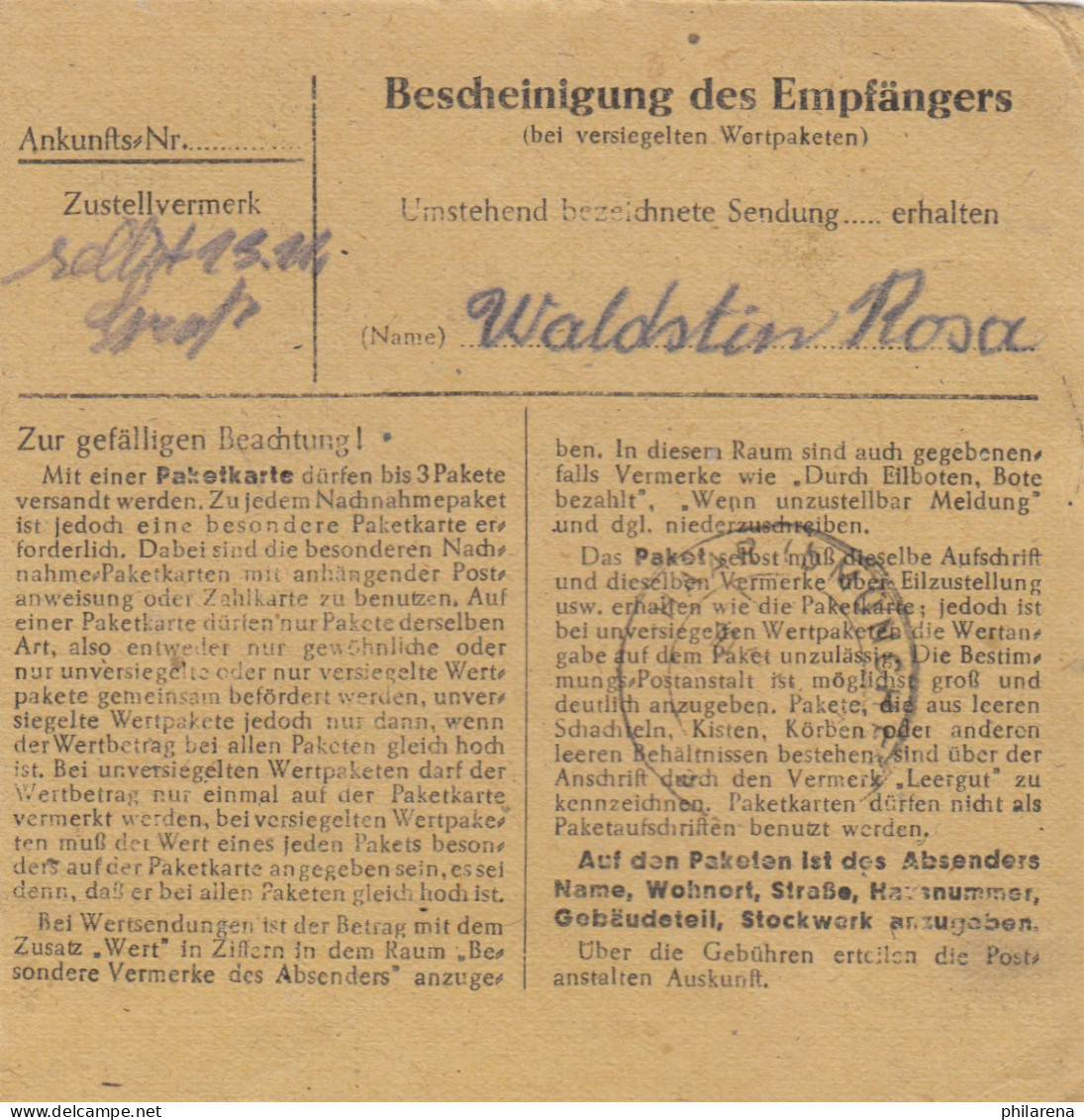 BiZone Paketkarte 1948: Niederwerk/Wetzlar Nach München-Land, Nachgebühr - Brieven En Documenten