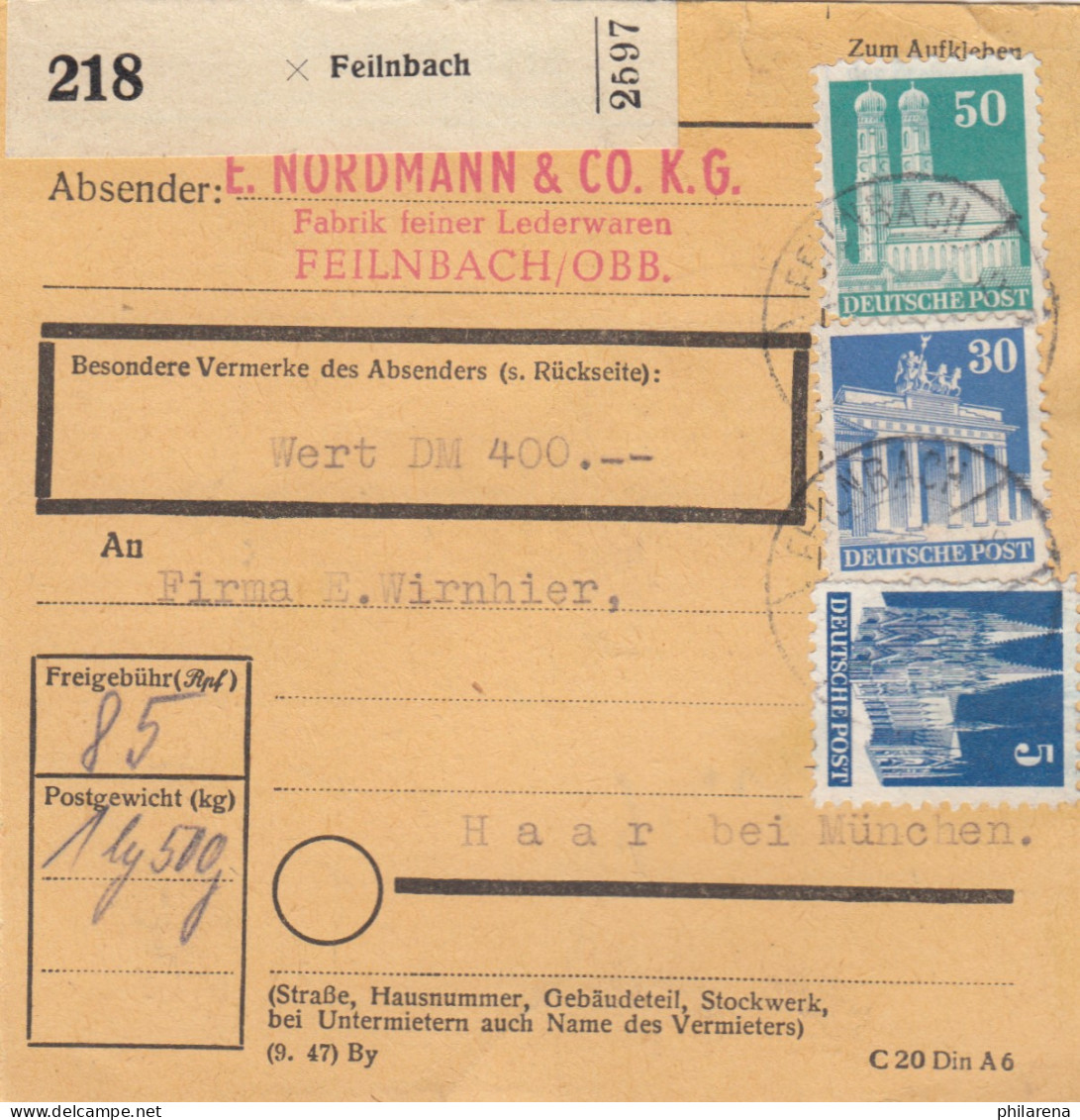 BiZone Paketkarte 1948: Feilnbach, Lederwaren Nach Haar, Wertkarte - Cartas & Documentos