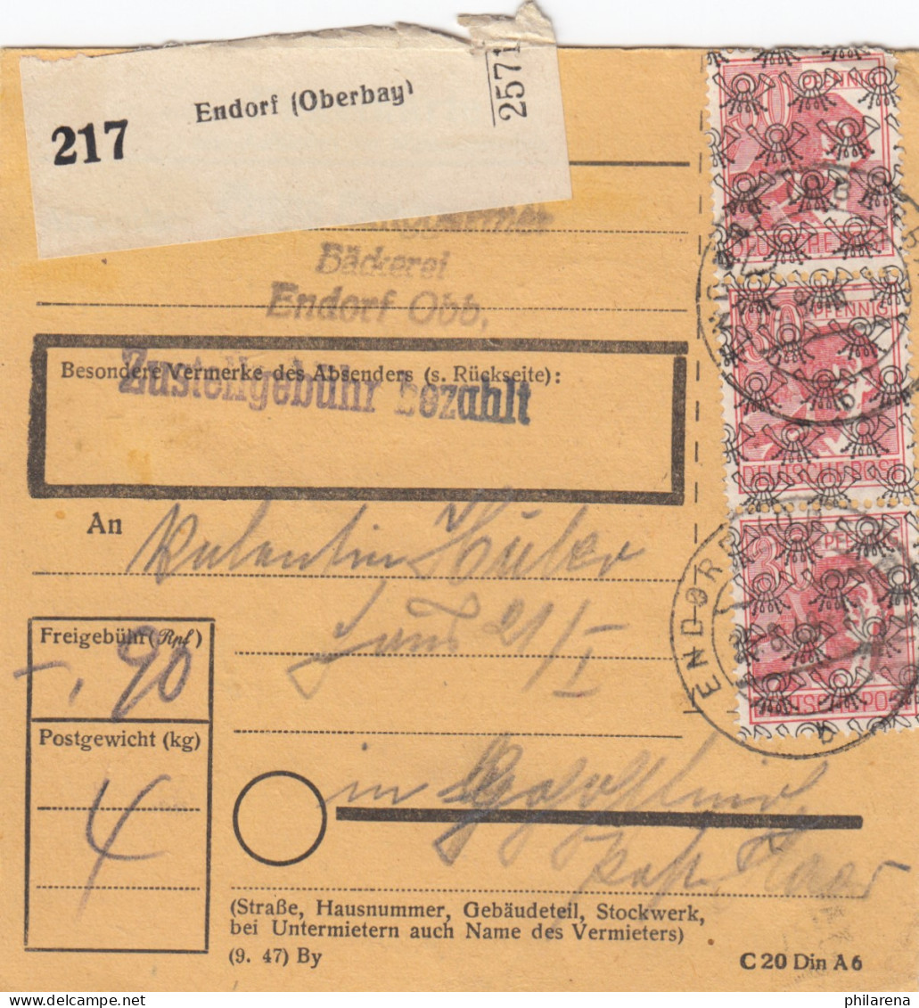 BiZone Paketkarte 1948: Bäckerei Endorf Nach Gräfeling Post Haar - Covers & Documents