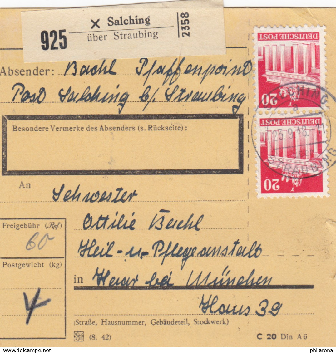 BiZone Paketkarte 1948: Salching über Straubing Nach Haar, Heilanstalt - Brieven En Documenten
