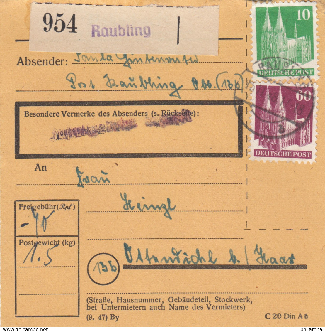 BiZone Paketkarte 1948: Raubling Nach Ottendichl - Covers & Documents