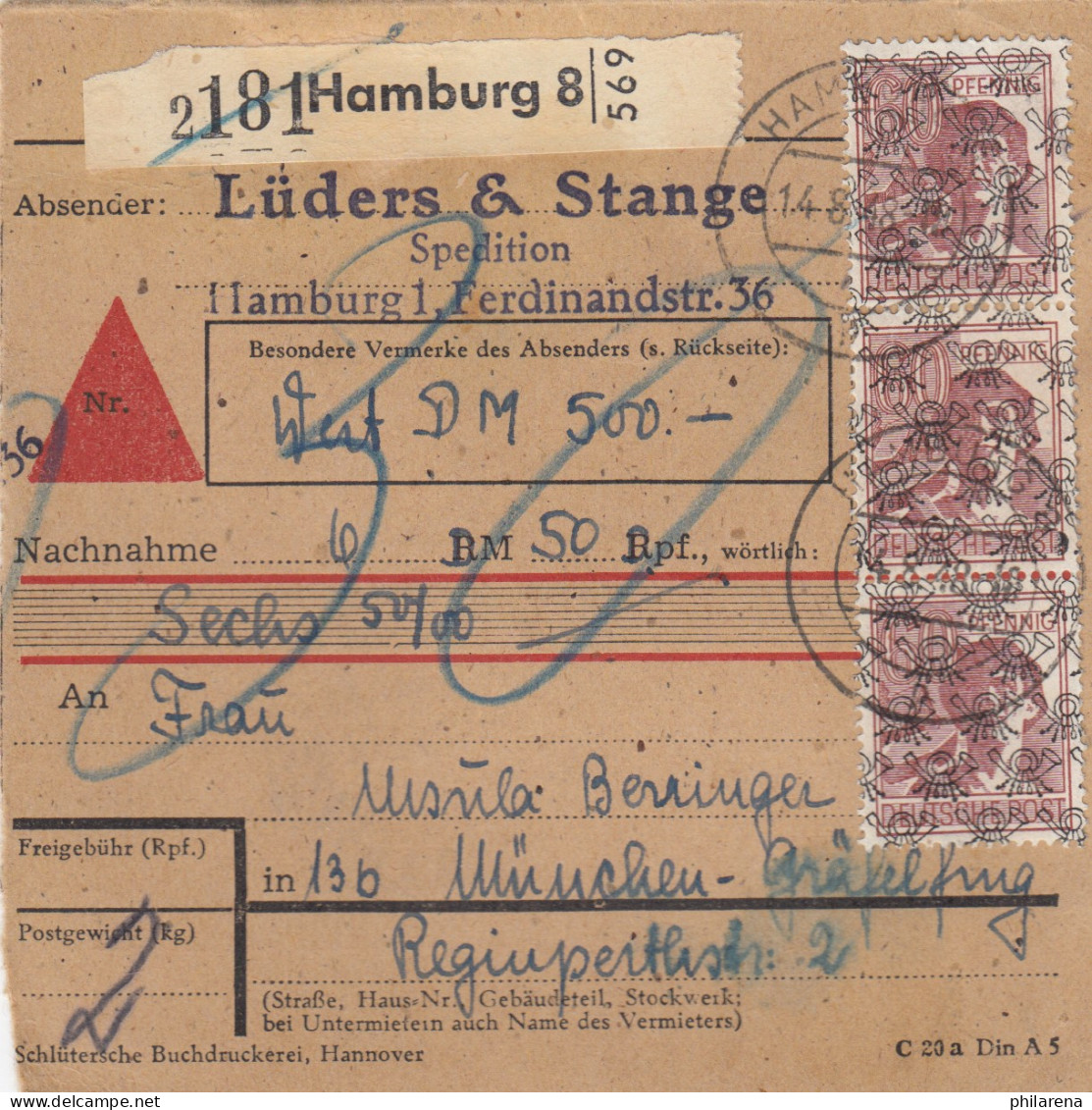 BiZone Paketkarte 1948: Hamburg Nach Gräfeling, Wertkarte, Nachnahme - Cartas & Documentos