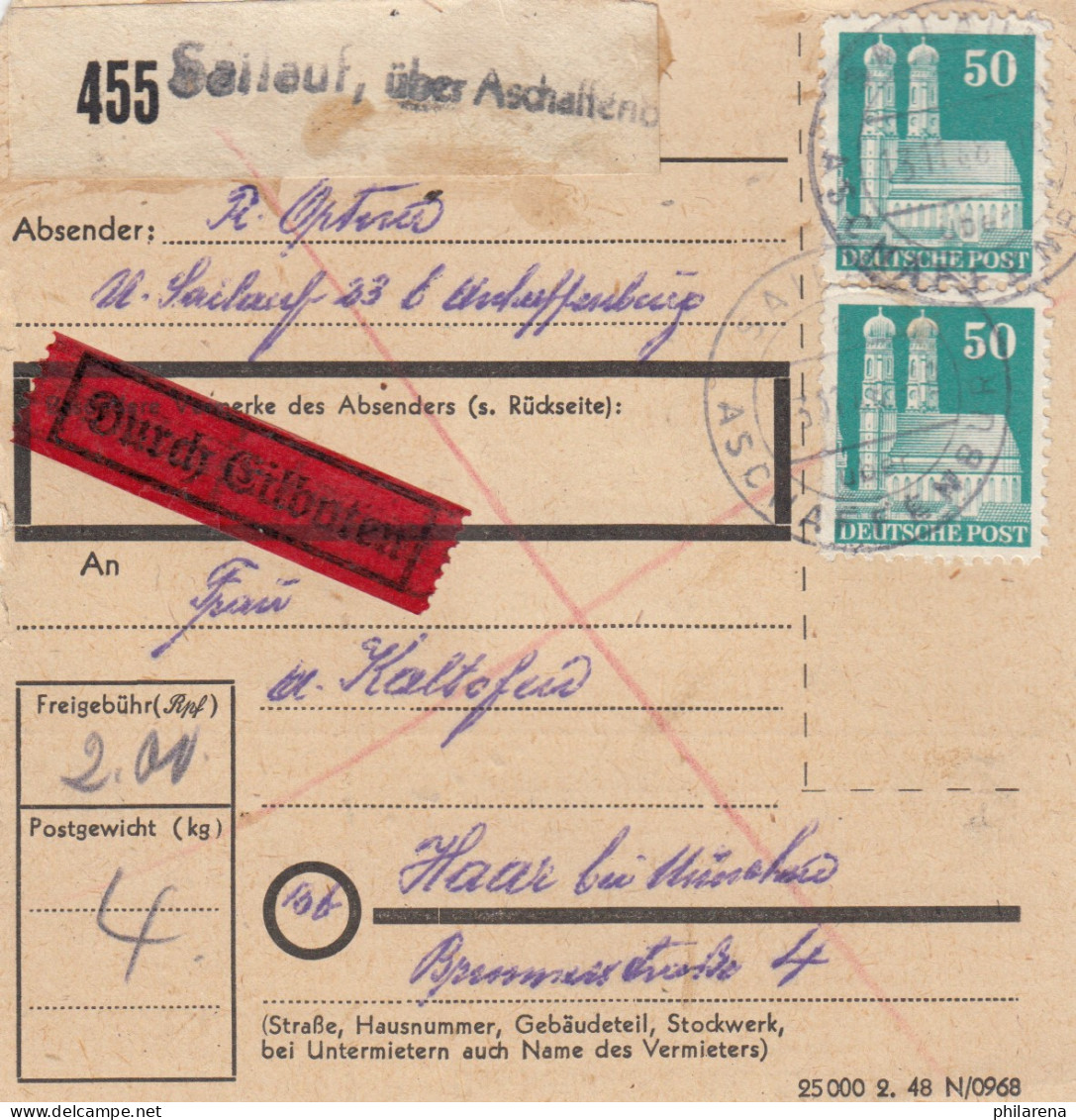 BiZone Paketkarte 1948: Sailauf über Aschaffenburg Nach Haar, Durch Eilboten - Cartas & Documentos