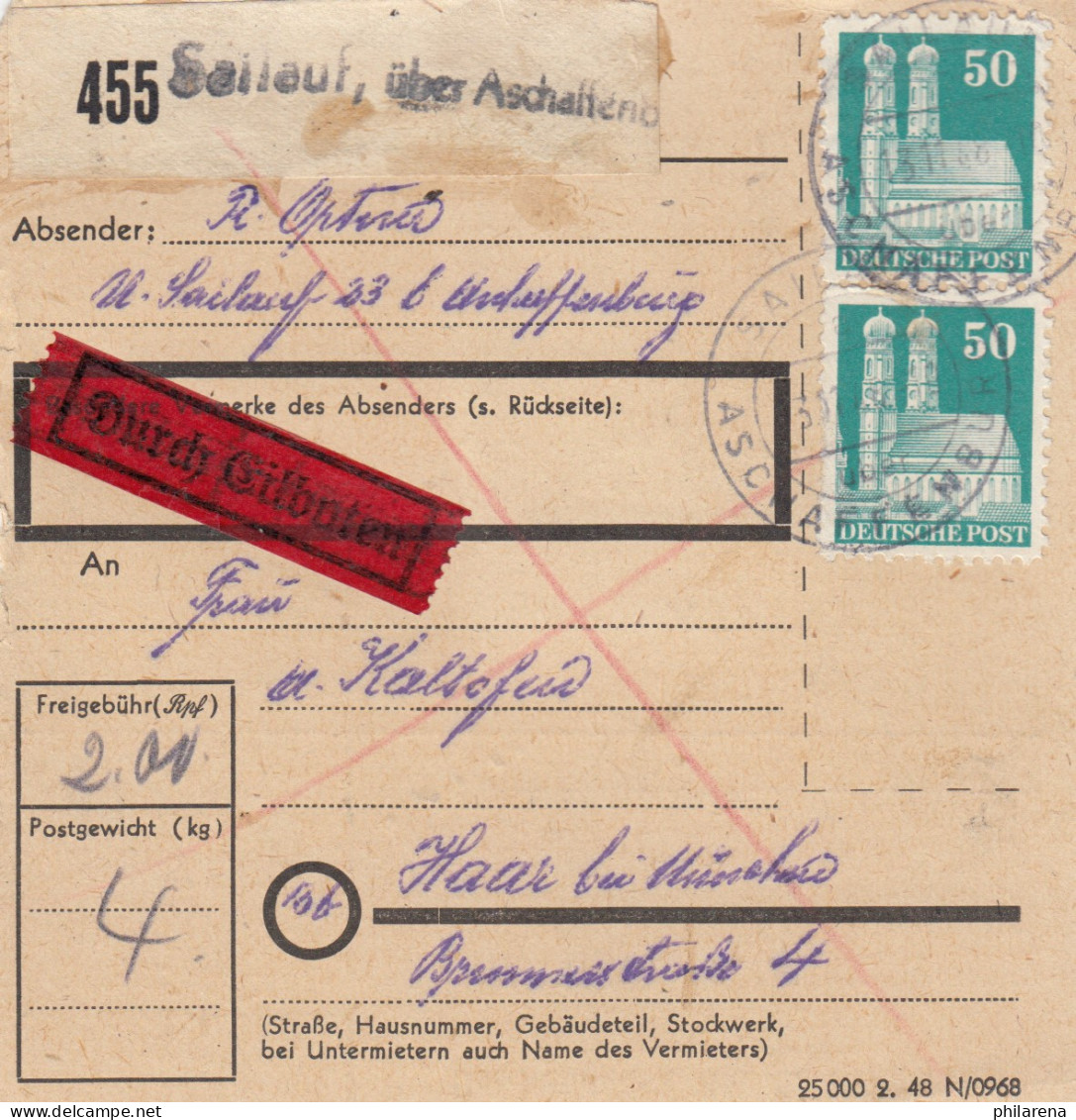 BiZone Paketkarte 1948: Sailauf über Aschaffenburg Nach Haar, Durch Eilboten - Lettres & Documents