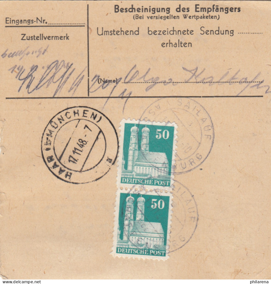 BiZone Paketkarte 1948: Sailauf über Aschaffenburg Nach Haar, Durch Eilboten - Covers & Documents