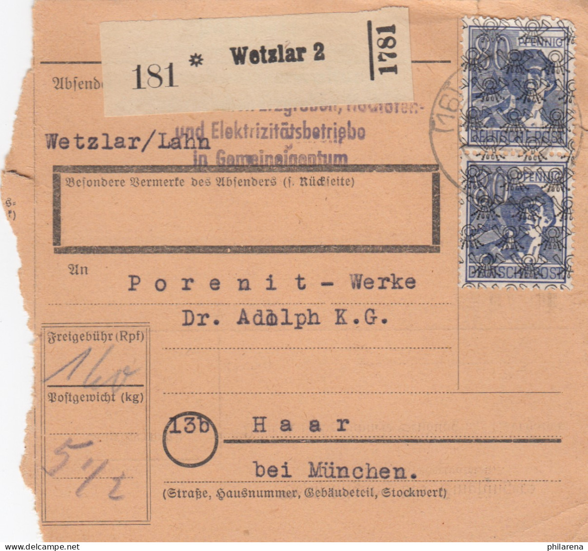 BiZone Paketkarte 1948: Wetzlar Lahn Nach Haar - Lettres & Documents