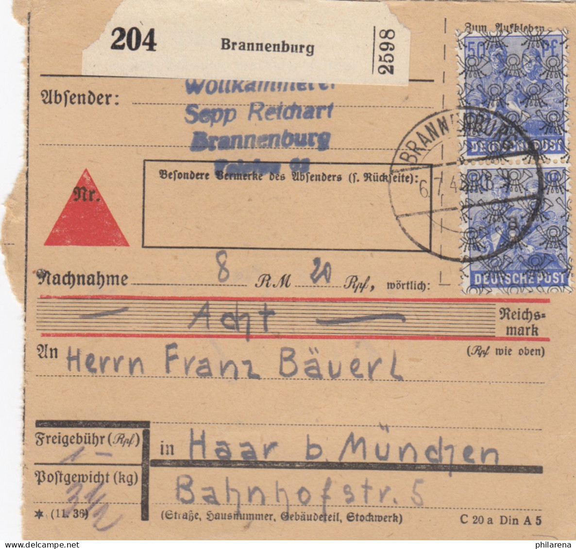 BiZone Paketkarte 1948: Brannenburg Nach Haar B. München, Nachnahme - Lettres & Documents