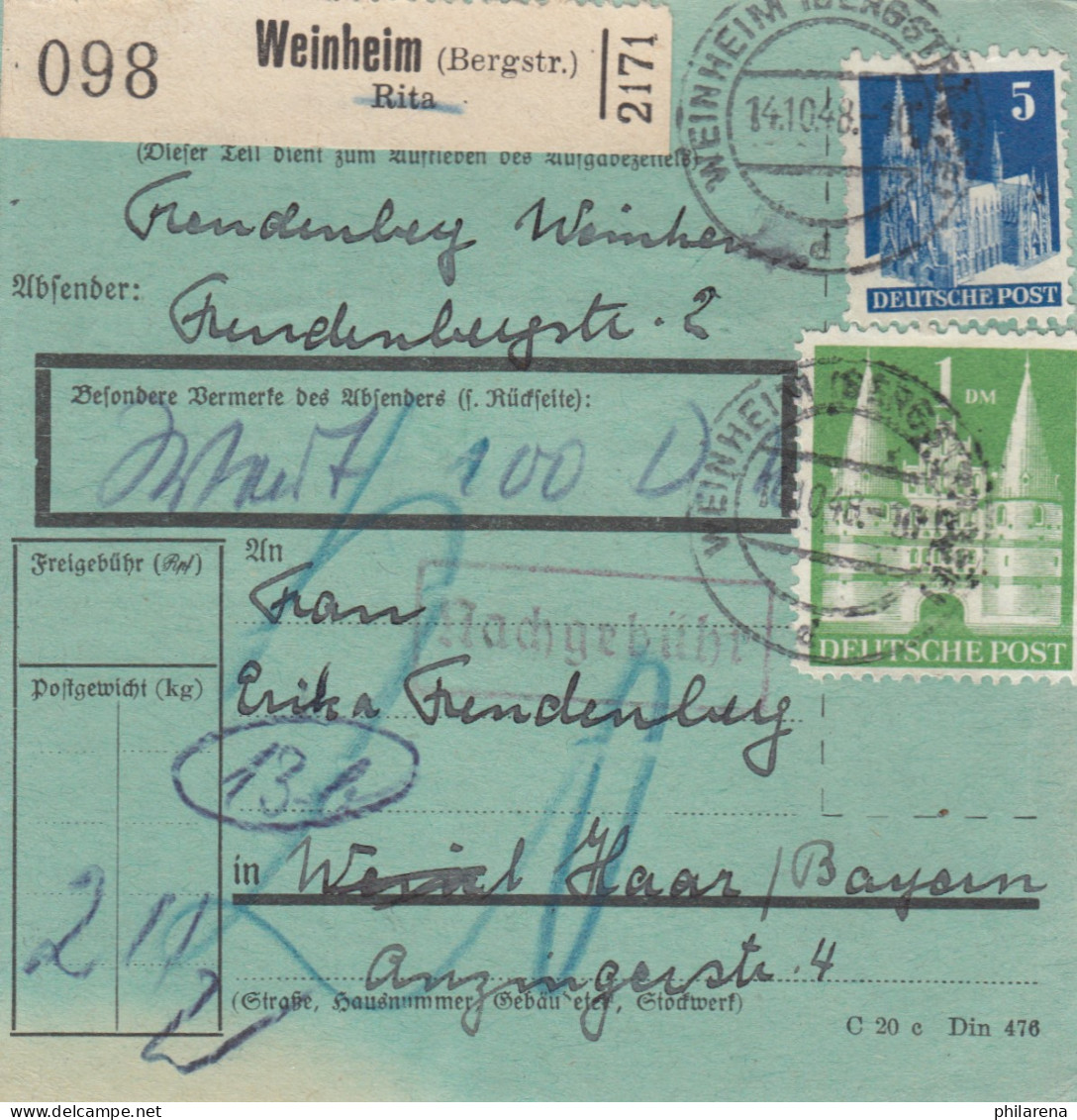 BiZone Paketkarte 1948: Weinheim Nach Haar, Wertkarte, Besonderes Formular - Covers & Documents