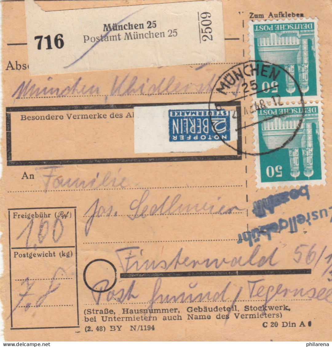 BiZone Paketkarte 1948: München 25 Nach Finsterwald, Notopfer - Covers & Documents