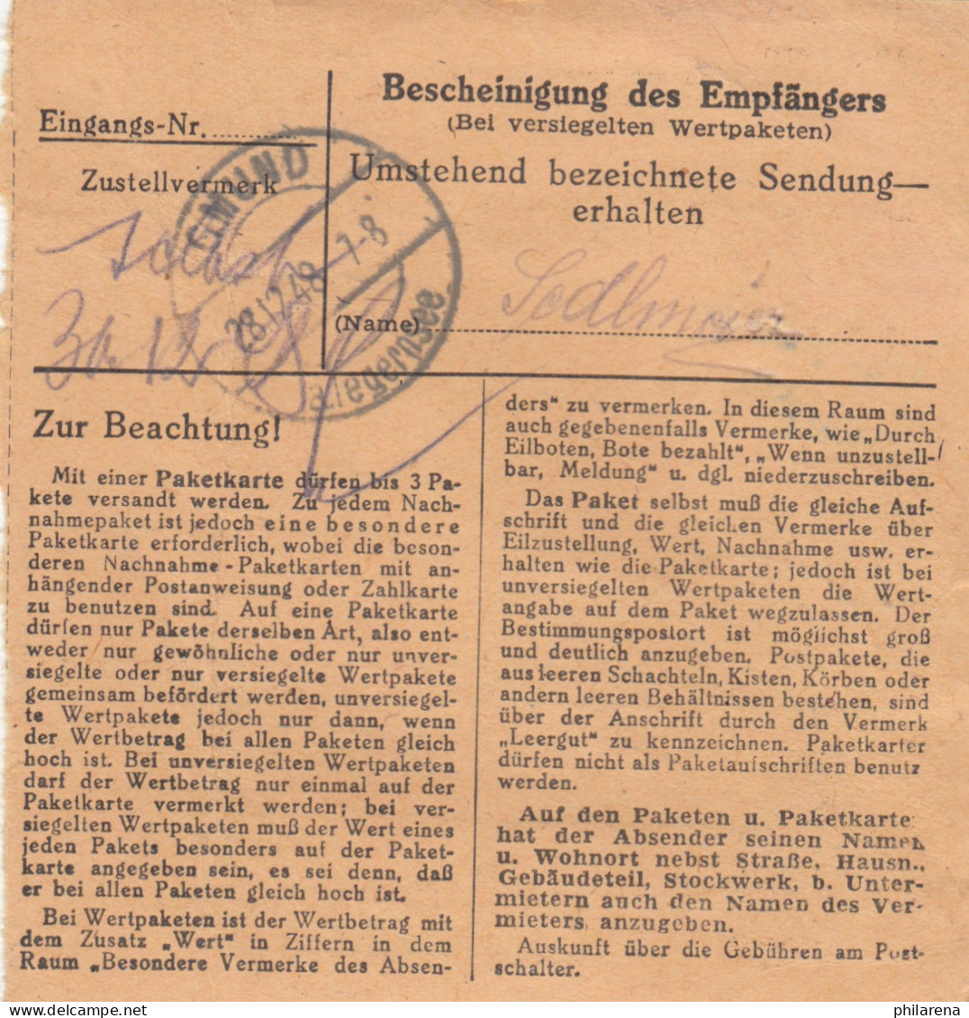 BiZone Paketkarte 1948: München 25 Nach Finsterwald, Notopfer - Lettres & Documents