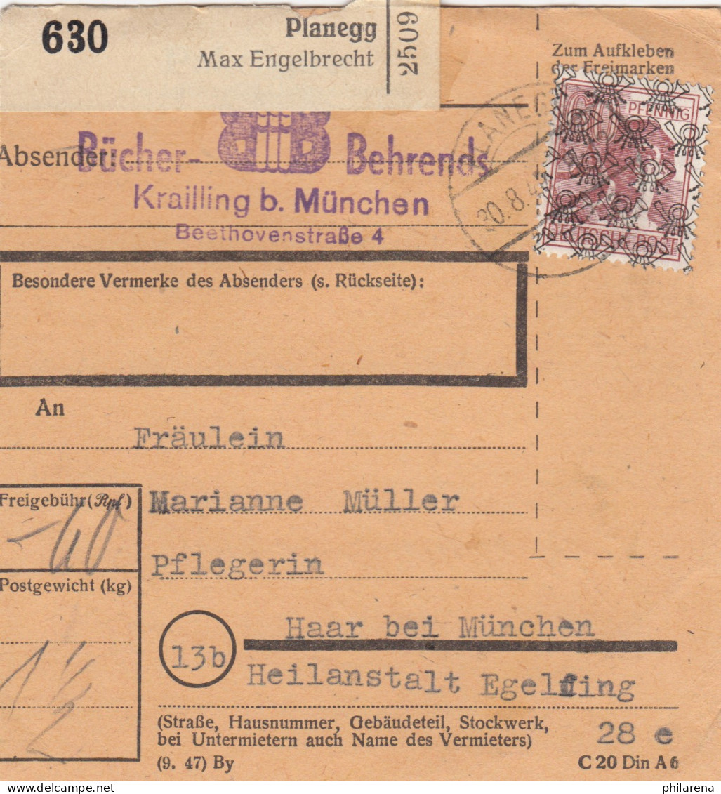 BiZone Paketkarte 1948: Planegg Nach Haar, Selbstbucher, Heilanstalt Eglfing - Brieven En Documenten