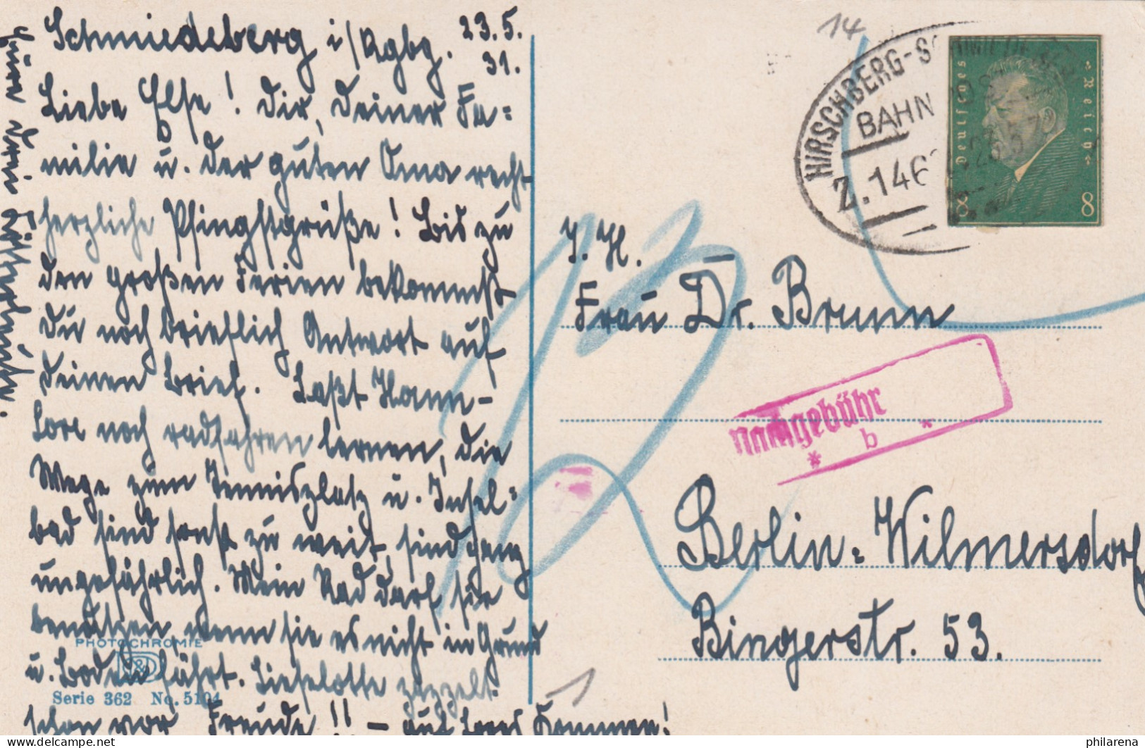 Ansichtskarte Schmiedeberg 1931: Bahnpost Hirschberg-Schmiedberg - Briefe U. Dokumente