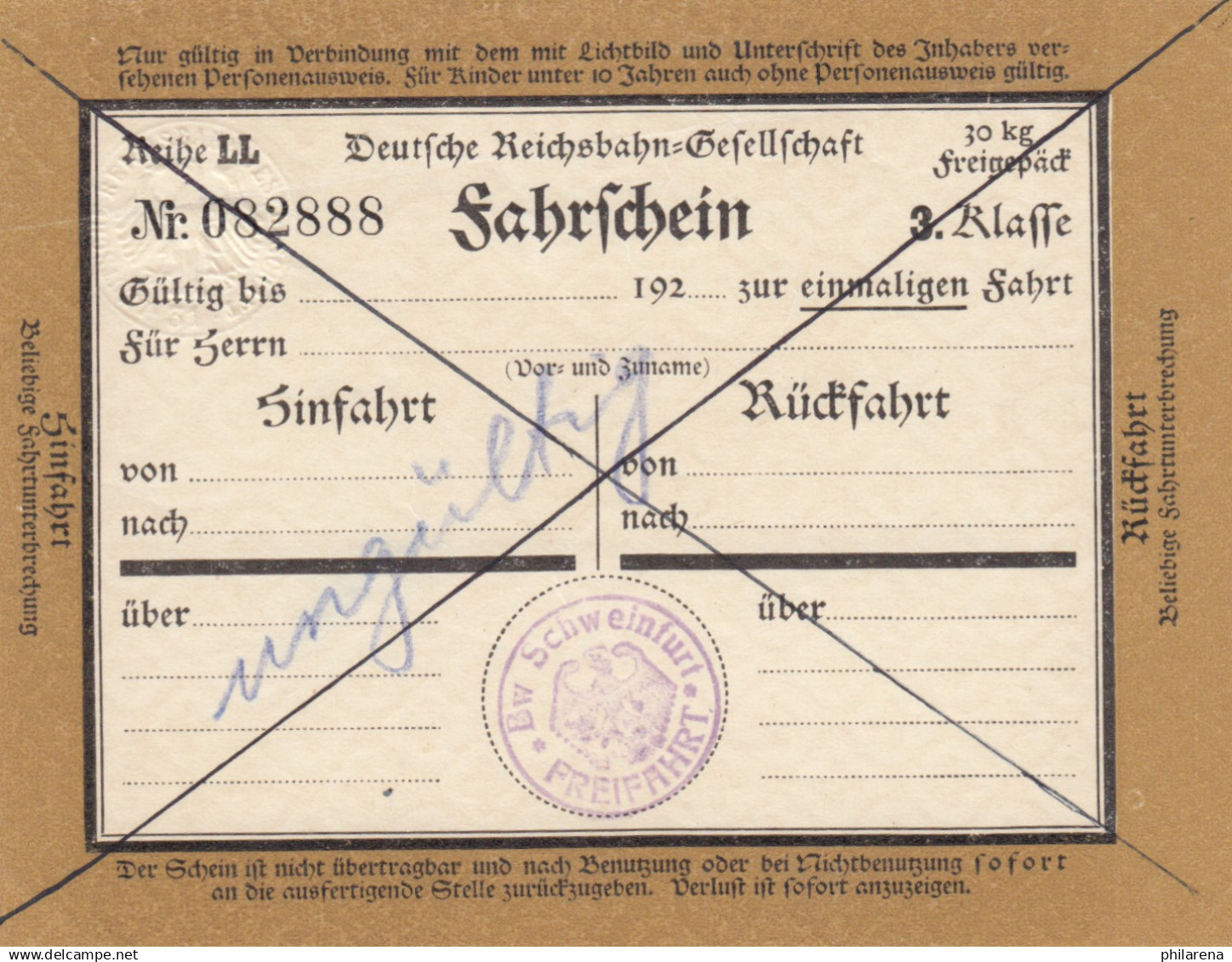 Bahnpost: Fahrschein 3. Klasse, Schweinfurt, Ungültig - Lettres & Documents
