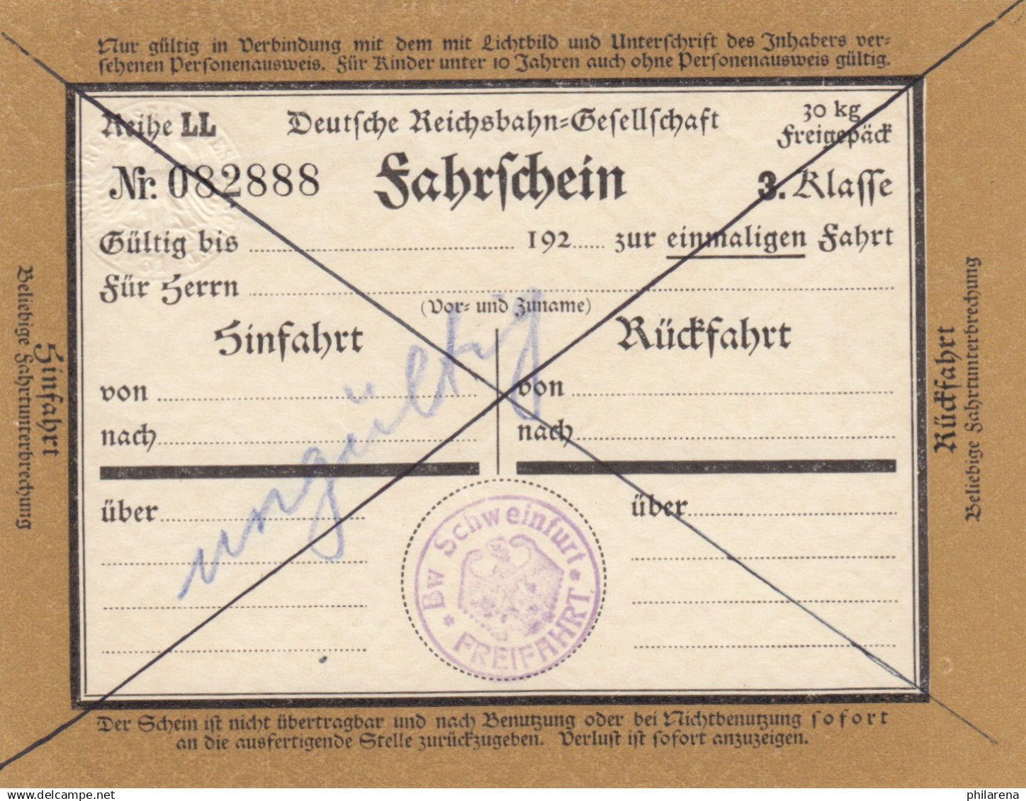 Bahnpost: Fahrschein 3. Klasse, Schweinfurt, Ungültig - Brieven En Documenten