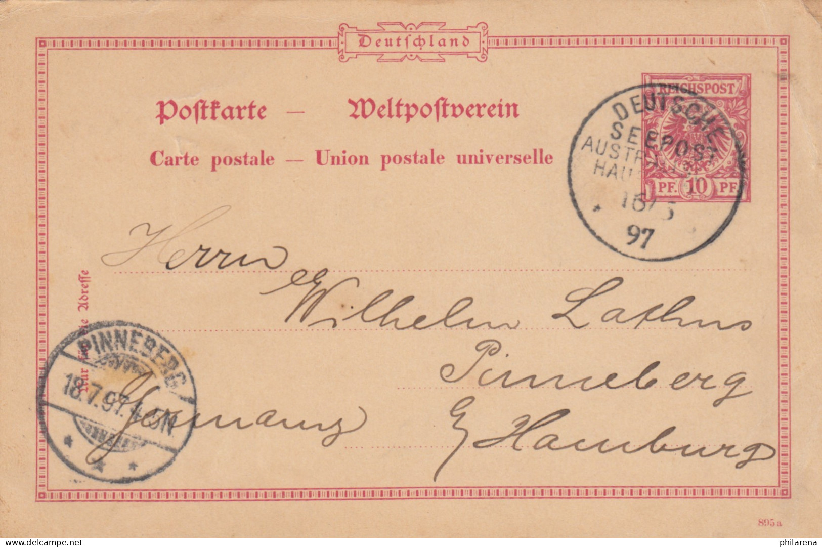 Australien: Deutsche Seepost Albany 1897, Ganzsache Nach Pinneberg - Covers & Documents