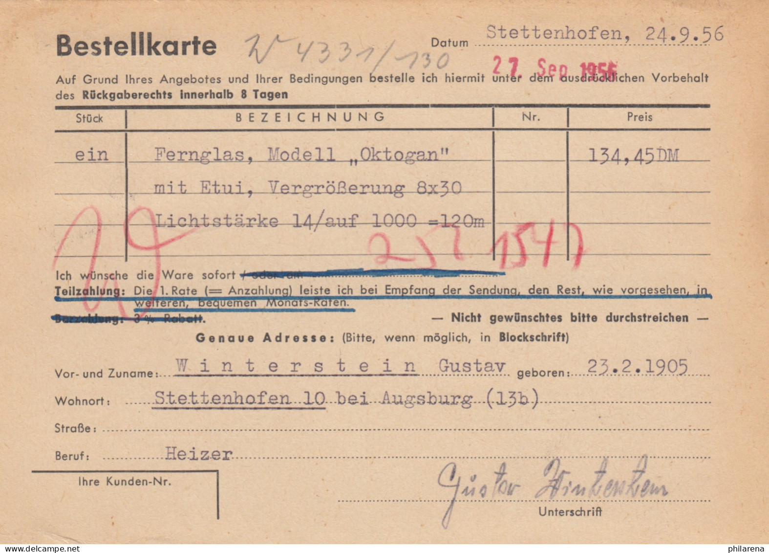 Bestellkarte Ferngläser Stettenhofen Bei Augsburg Nach Celle 1956 - Lettres & Documents