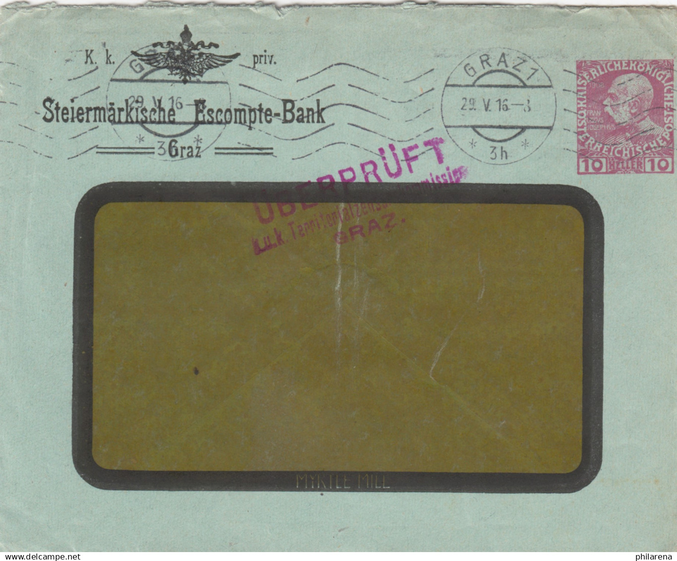 1916: Steiermärkische Bank Granz, überprüft, Zensur Graz - Briefe U. Dokumente