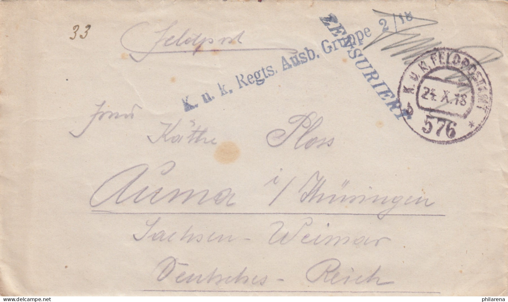 1918 Feldpostamt Ausbildungsgruppe, Zensiert Nach Auma/Thüringen Mit Briefinhalt - Cartas & Documentos