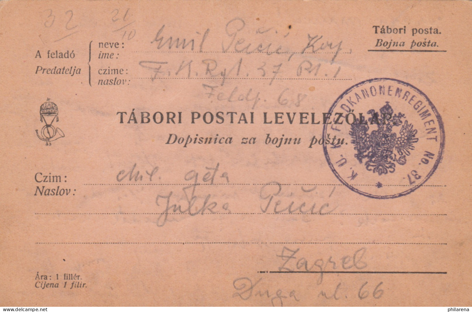 2x Tabori Postai Levelezolap FPNr. 68 Nach Zagreb - Briefe U. Dokumente