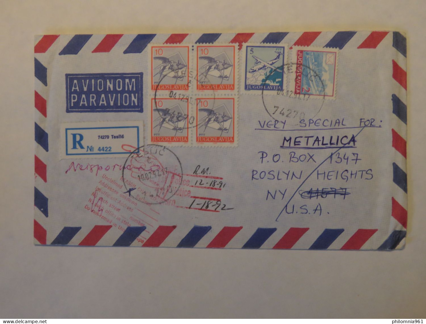 YUGOSLAVIA AIRMAIL  REGISTERED COVER  TO UNITED STATES 1992 - Autres & Non Classés
