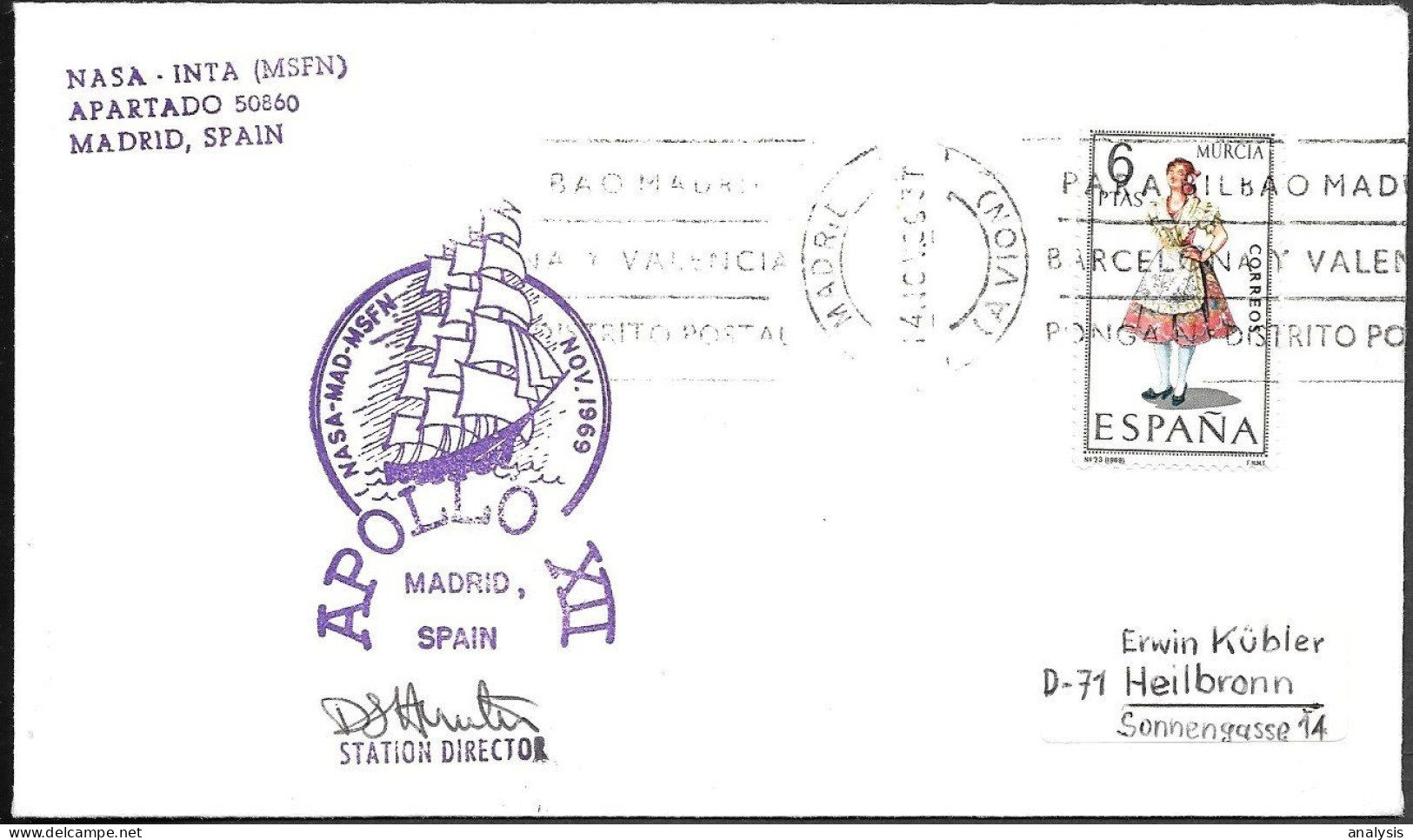 US Space Cover 1969. "Apollo 12" Launch. NASA Spain Madrid Tracking Station - United States