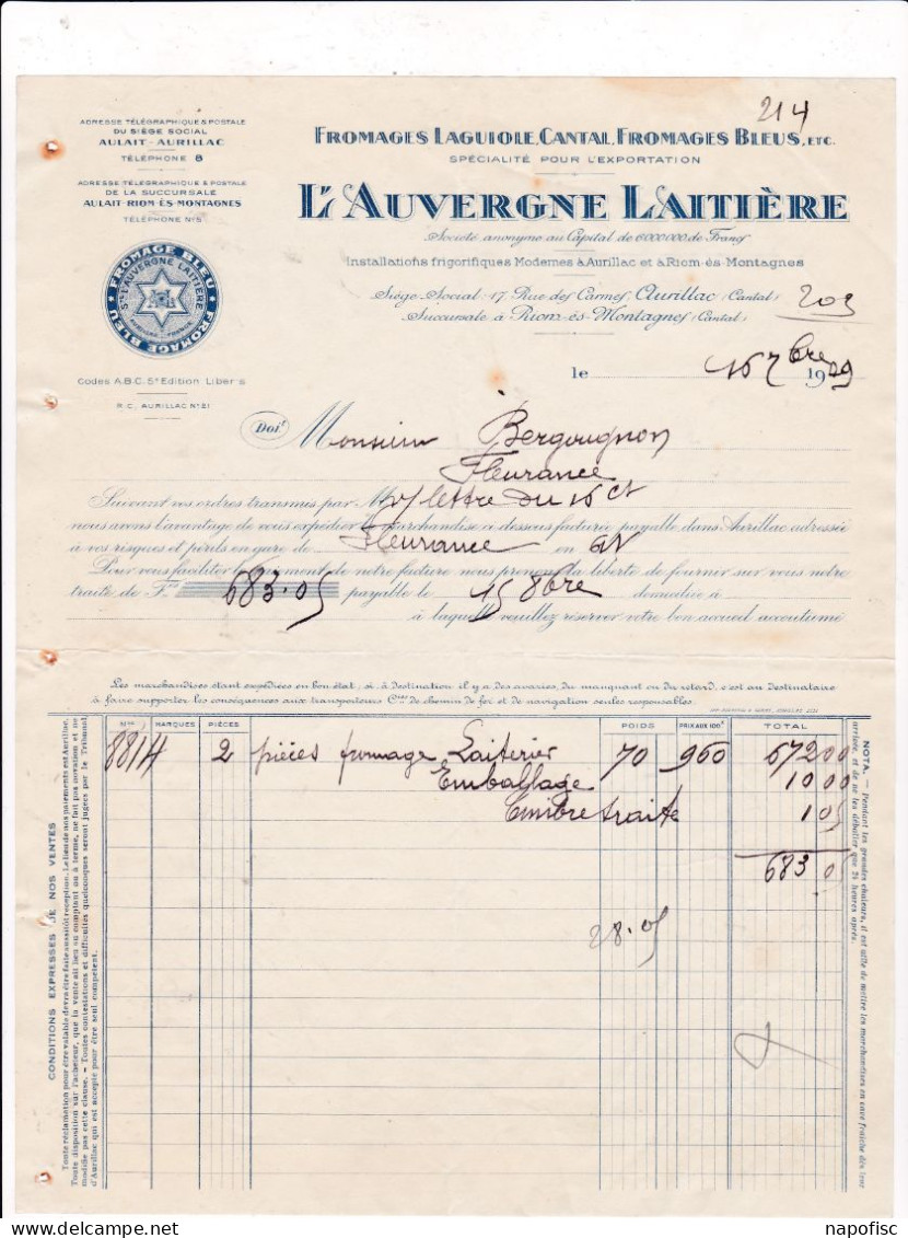 15-l'Auvergne Laitière..Fromages Laguiole, Cantal, Fromages Bleus ..Aurillac...(Cantal)...1909 - Lebensmittel