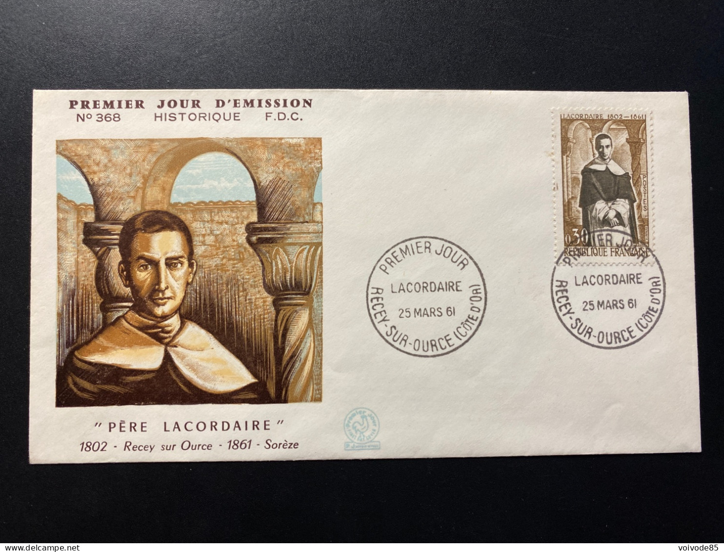 Enveloppe 1er Jour "Père Lacordaire" - 25/03/1961 - 1287 - Historique N° 368 - 1960-1969