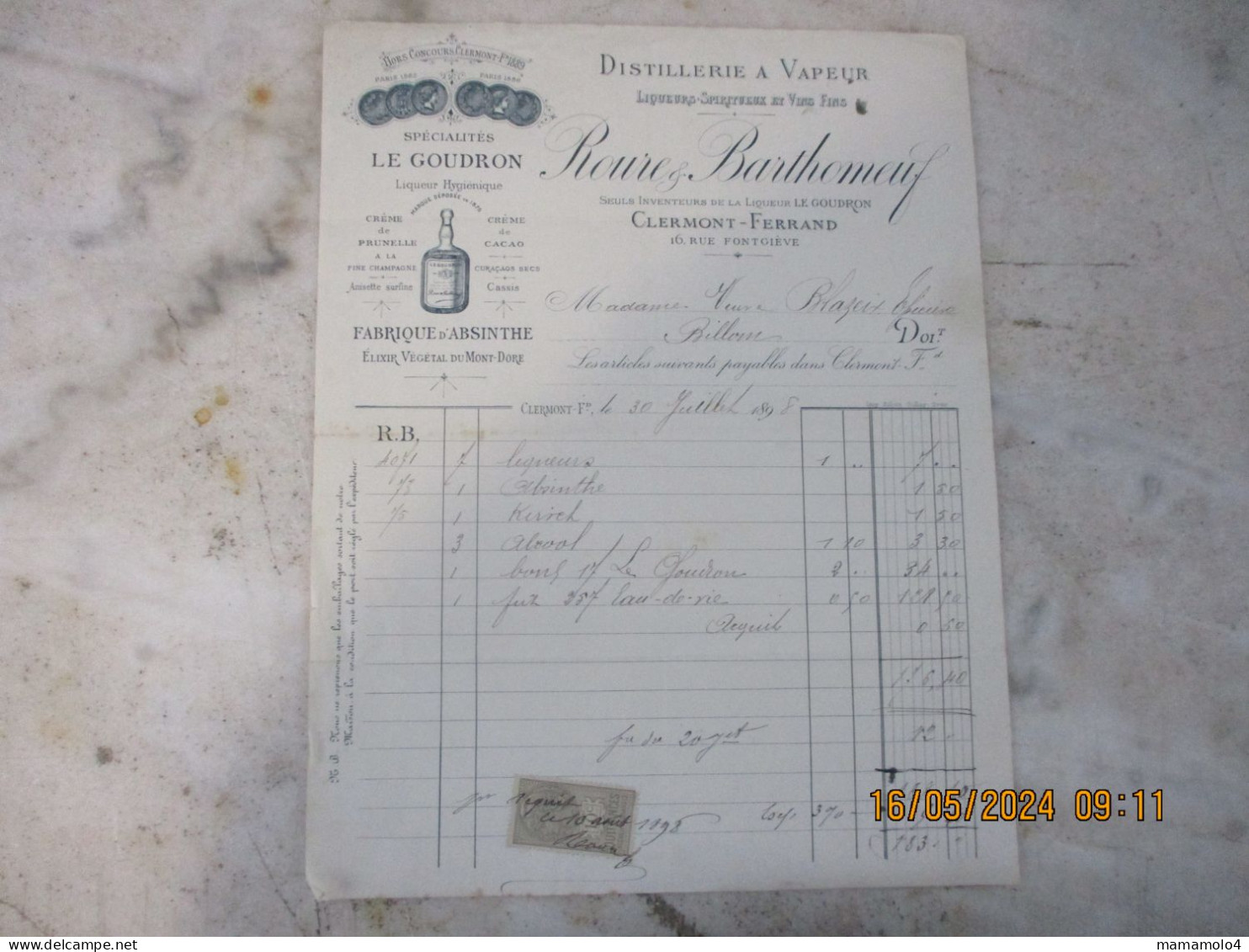 Facture   Fabrique D'Absinthe Année 1898 Clermont Ferrand - Autres & Non Classés