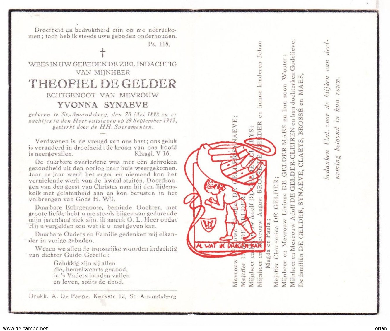 DP Theofiel De Gelder 44j. ° St-Amandsberg Gent 1898 † 1942 X Yvonna Synaeve // Claeys Brossé Cleiren Maes // G. Gezelle - Images Religieuses