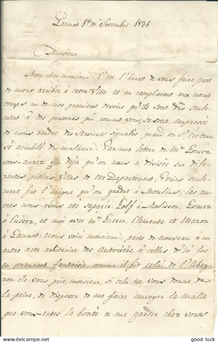 FRANCE LETTRE GANNAT ( ALLIER )  POUR RODEZ ( AVEYRON )  DE 1835  LETTRE COVER - 1801-1848: Vorläufer XIX