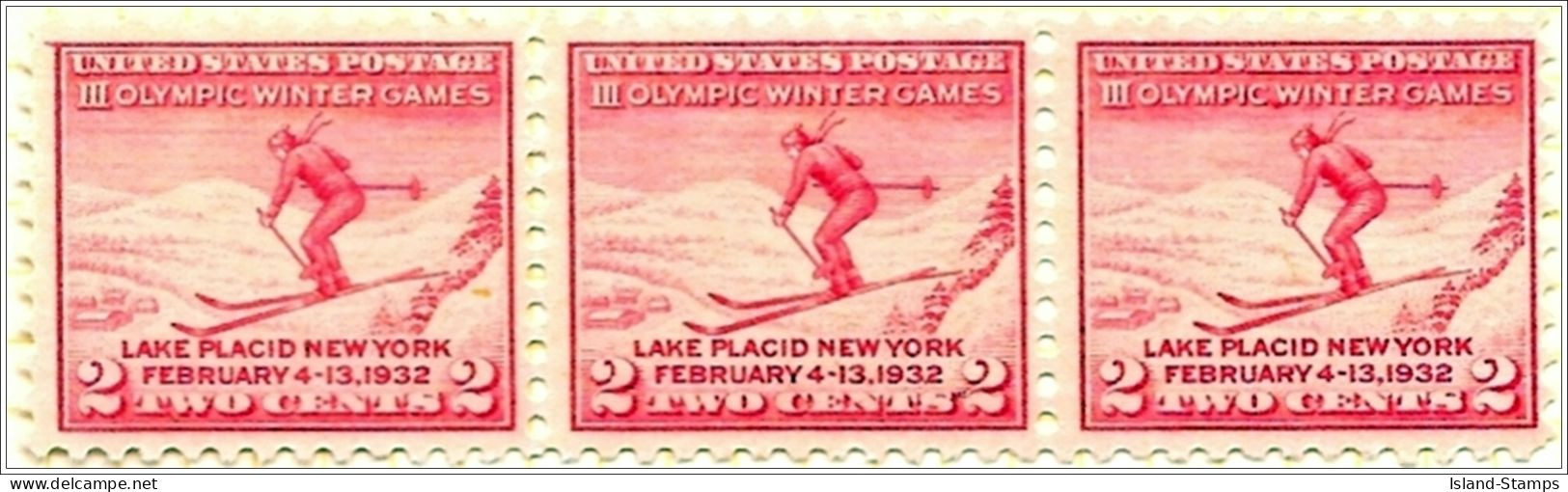 USA # 716 - 1932 2c Third Olympic Winter Games Mounted Mint Strip Of 3 + Single Used - Unused Stamps