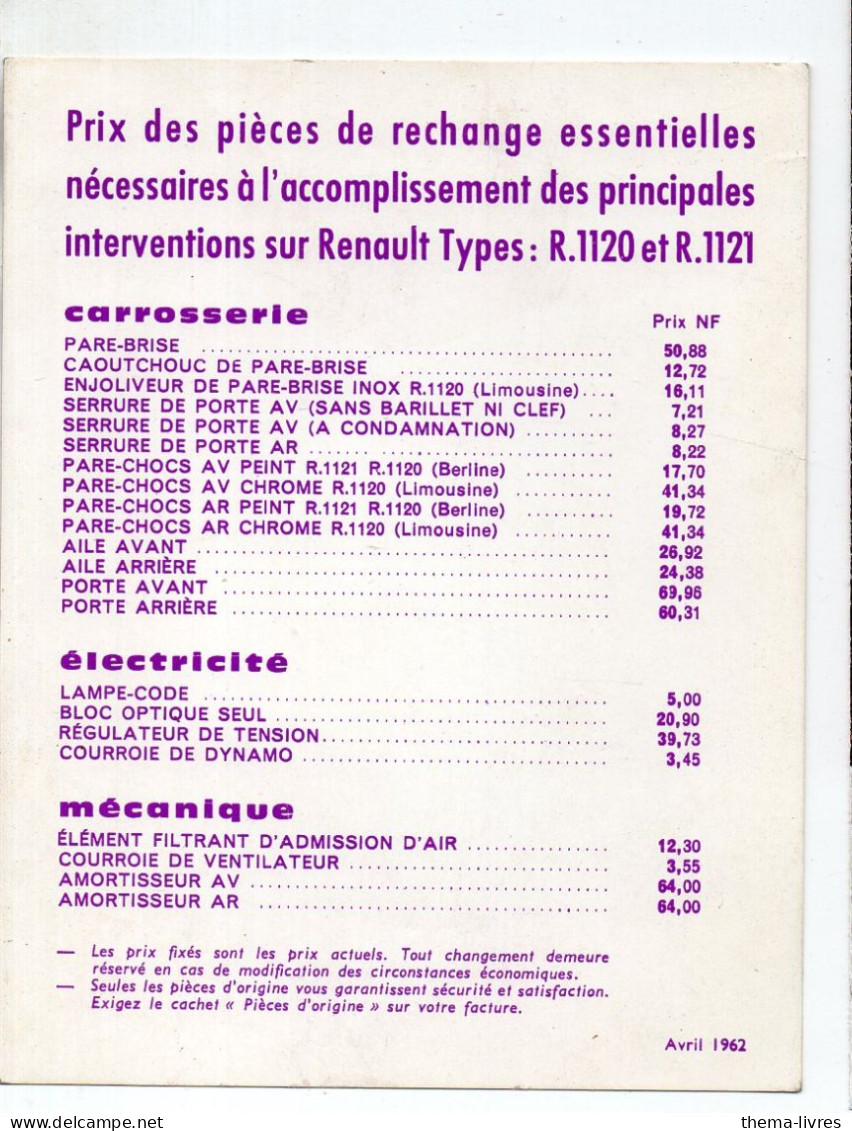 (automobiles RENAULT) 1962  Fiche Prix Des Pièces De Rechange R1120 ET R1121  (PPP47393) - Reclame